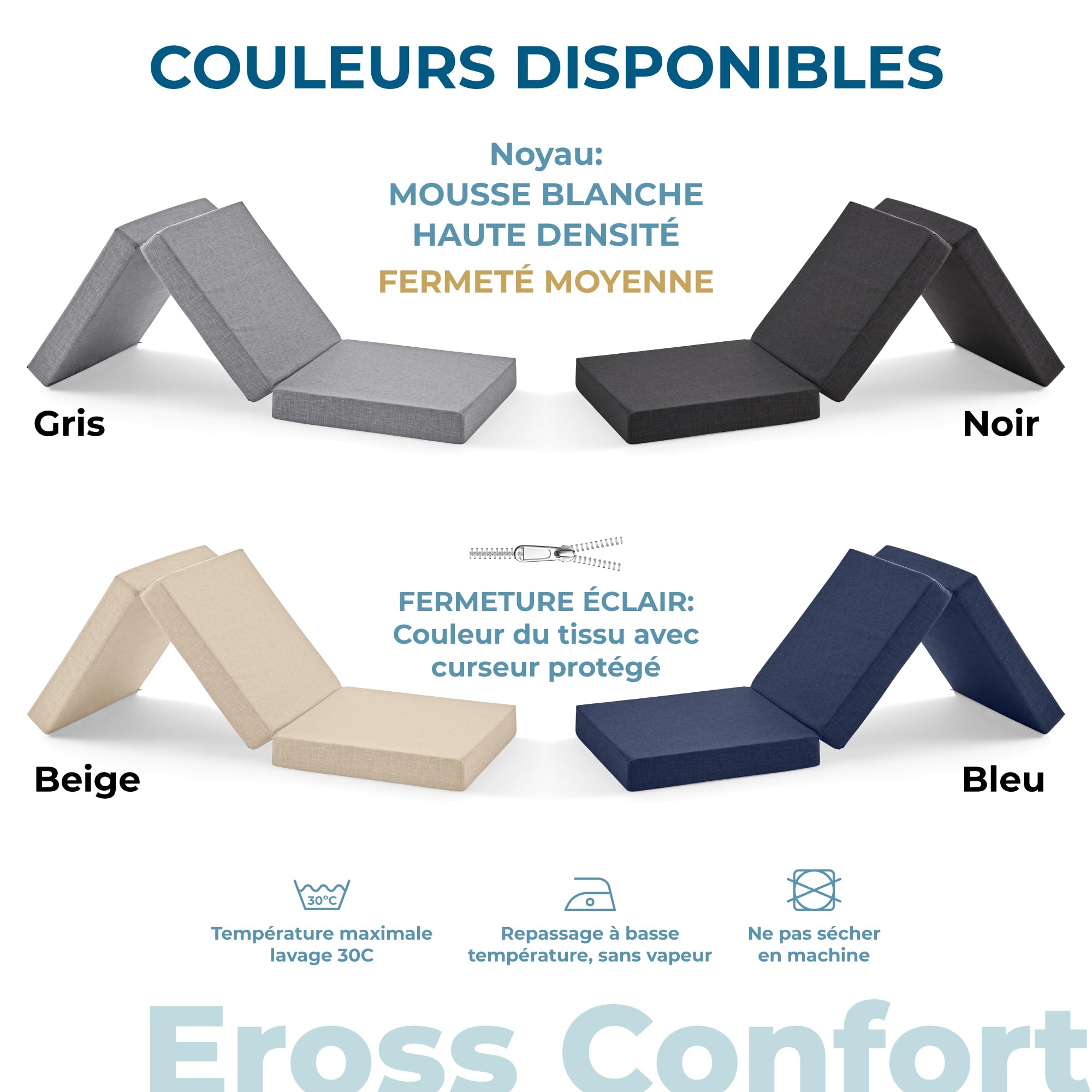 ErossConfort Matelas Pliable Noyau Mousse HD, Housse Lavable. Matelas Pliable pour Voyage, Camping, Caravane. Qualité Extra Respirante. Hauteur 10 cm