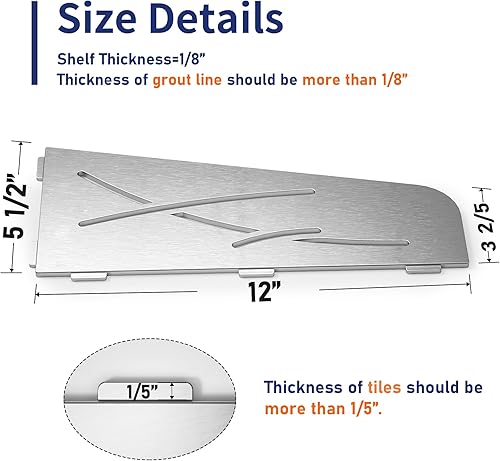 Miniatura 2 de Estante esquinero de ducha de 12 pulgadas, acero inoxidable cepillado 304, estante de esquina cuadrilátero empotrado para baño, sin taladrar