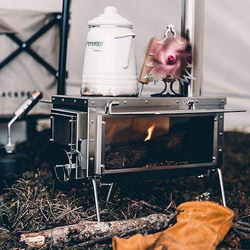 Miniatura 2 de XCMAN Estufa de leña para tienda de campaña con tubos de chimenea de 6 secciones, estufa de leña portátil de tres vistas, refugios de pesca en