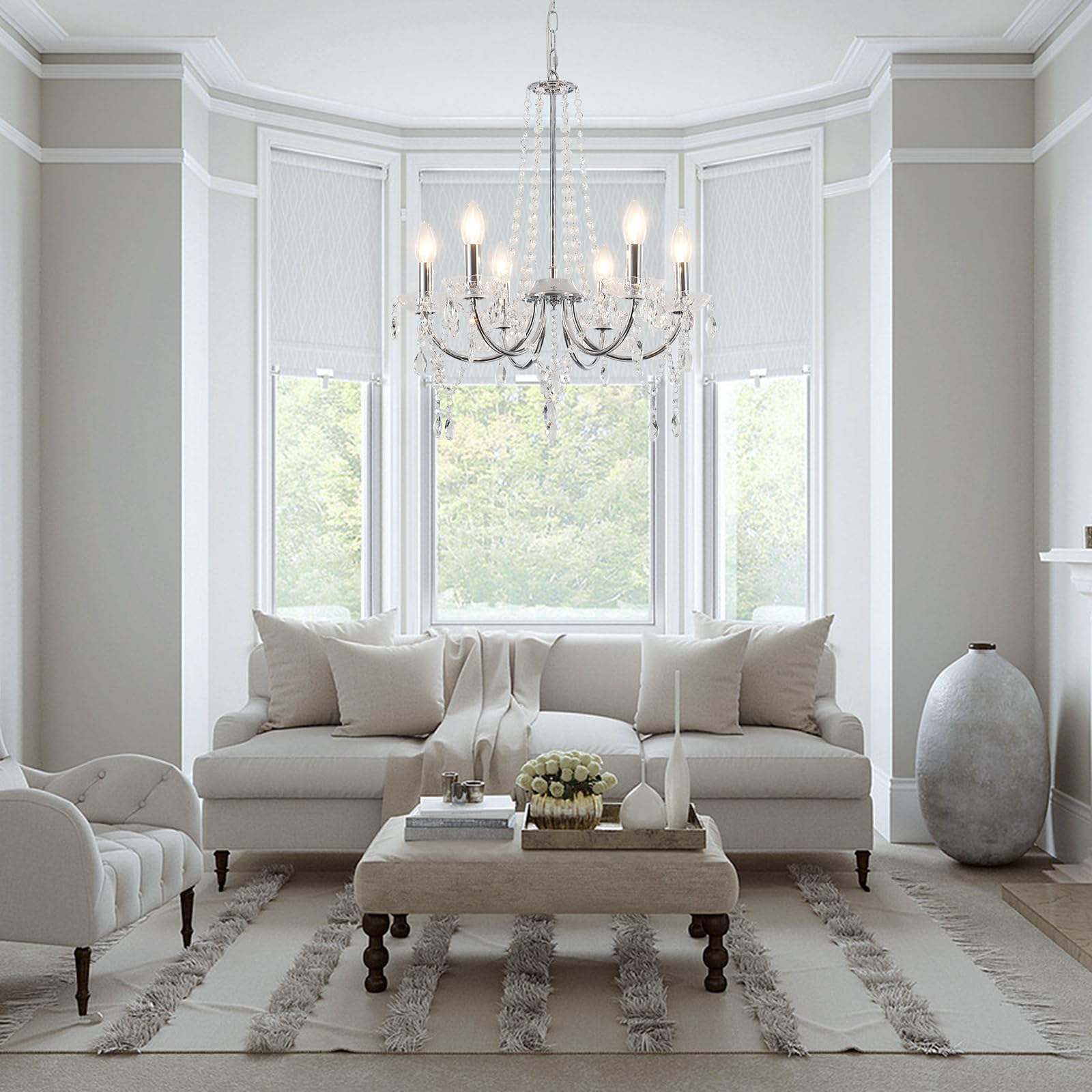 Modern Kronleuchter Kristall Silber 6 Flammig Kronleuchter Vintage Chrom | Hängeleuchte Kristall Hängelampe Vintage Pendelleuchte Esstisch Kristall Lampe Kronleuchter Wohnzimmer Schlafzimmer Esszimmer