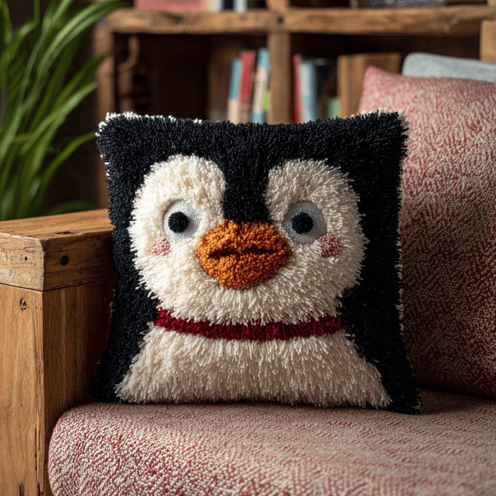 Kitquiver Latch Hook Cushion Kit,Penguin DIY Throw Pillow Cover 43X43Cm