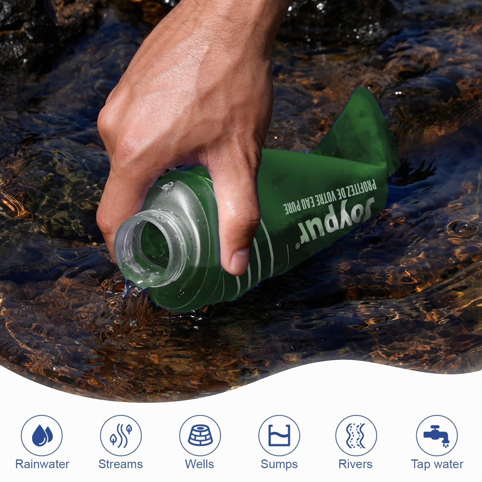 Bouteille Eau Pliable avec Filtre 650ml/1L, Filtre à Eau Portable 3 Couches, Élimine 99.9999% des Impuretés, Ultra-léger 100g, TPU Qualité Alimentaire