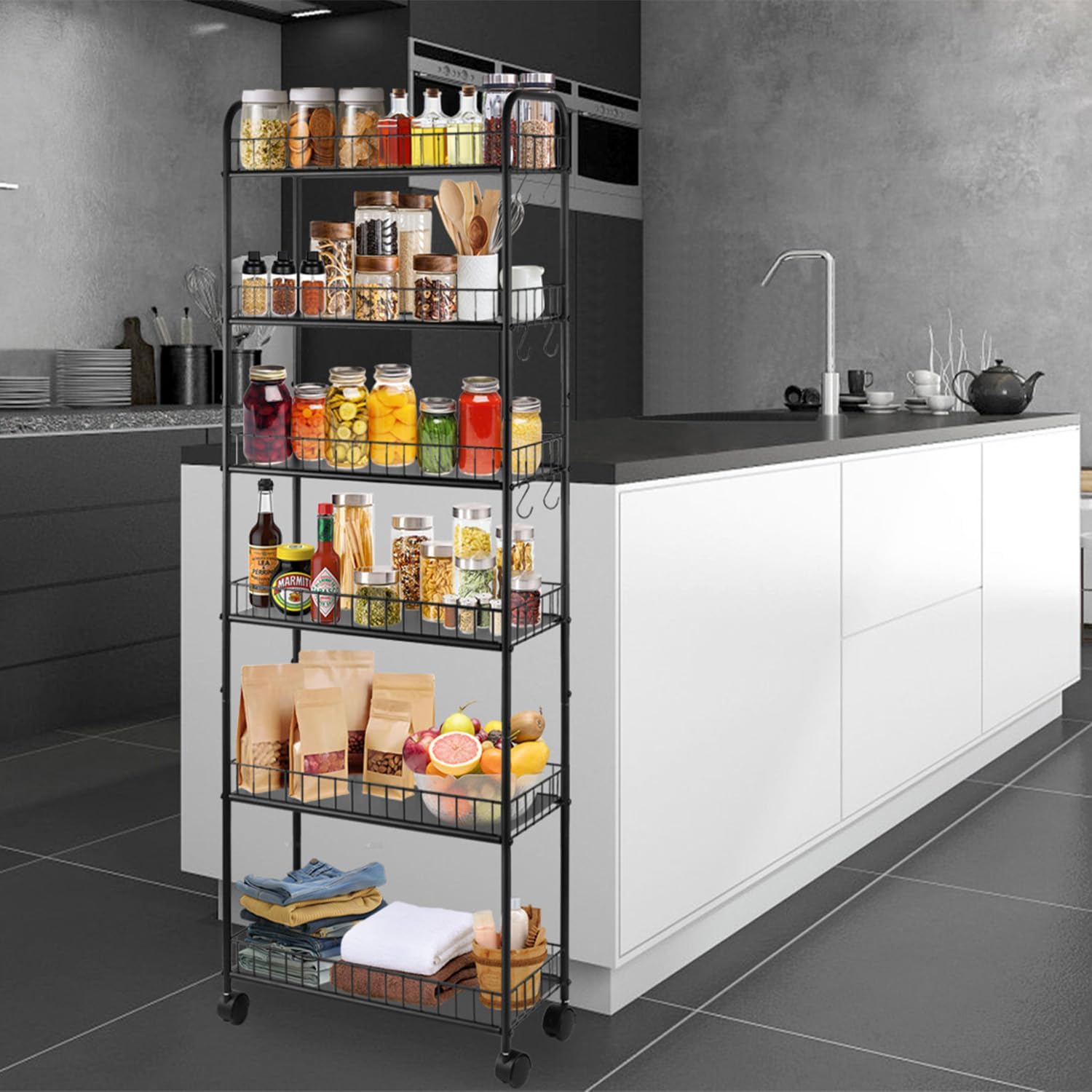 6 Tier 6in/10in Slim Rolling Storage Cart, Mobile Shelving Unit with Wheels, Metal Wire Storage Shelving Rack with Baskets for Kitchen Bathroom Office Laundry Narrow Places (6 inch)