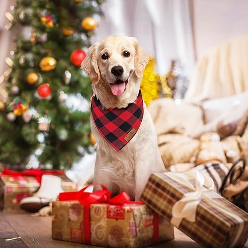 Miniatura 6 de Malier Paquete de 2 bandanas para perro de Navidad clásica a cuadros para mascotas, bufanda, baberos triangulares, pañuelos, accesorios de disfraz