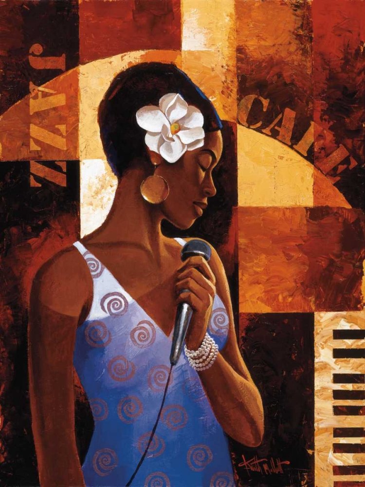 TELA CON STAMPA AMERICAN-BOX Jazz Cafe Mallett Keith - Stampa artistica verticale Figurativa Marrone Bronzo Giallo Blu Arancione Jazz Music Club Cornice galleggiante 33_X_24_in