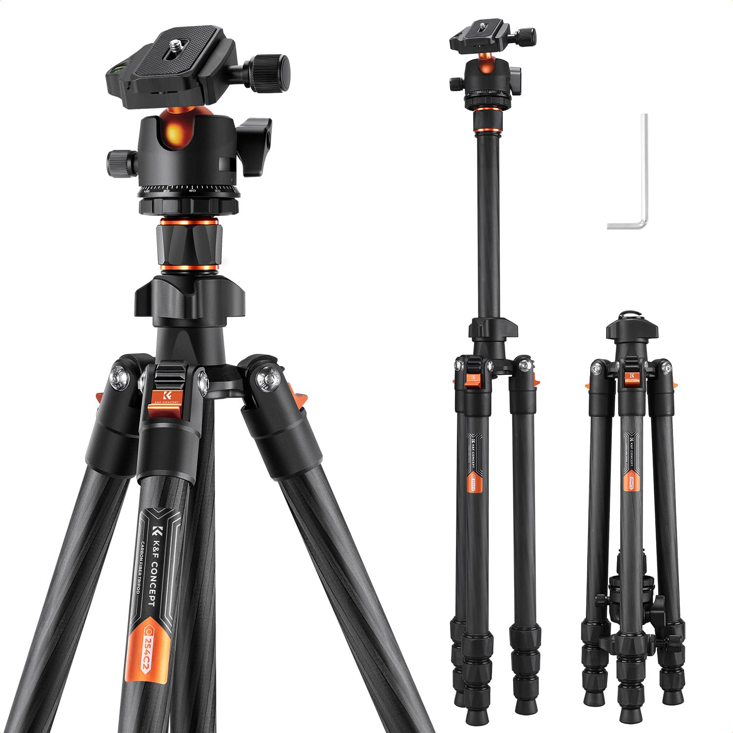 K&F Concept Treppiede Carbonio, 162cm Treppiede Fotocamera Leggero, Treppiede Viaggio, Treppiedi Reflex Professionale Portatile Compatto con 360° Testa a Sfera Carico Fino a 8 kg (Solo 1.13kg)