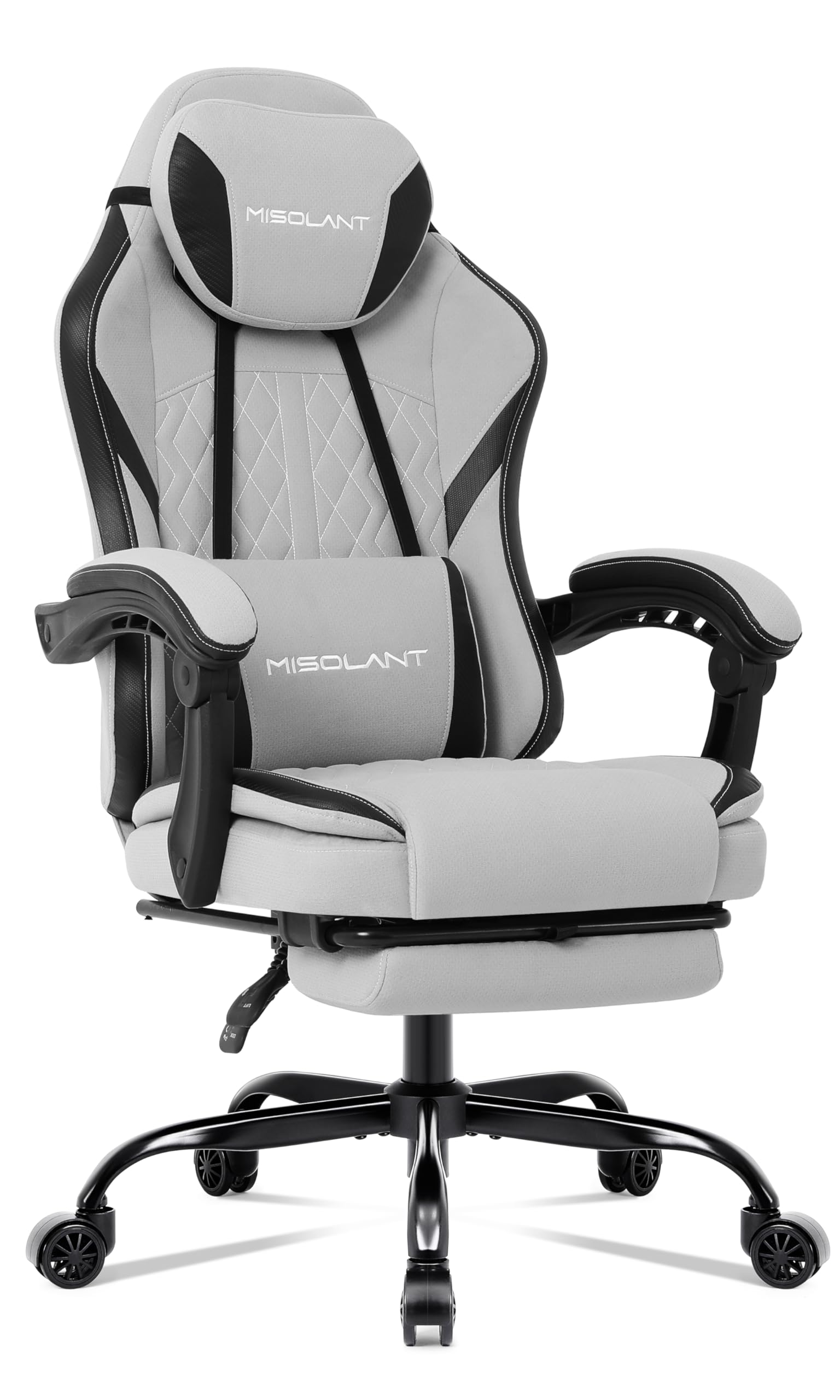 Misolant Gaming Chair, Fabric Gamer Chair with footrest for Adults, High Back Ergonomic Computer Game Chair with Adjustable Headrest and Massage Lumbar Support, 90-155° Recline Free, Gray