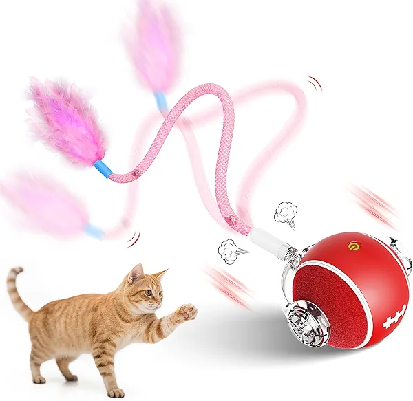 PANRIO Interactive Cat Toys for Indoor Cats,3 Modes Electric Moving Cat Ball with Feather Tail,800MAH Large Capacity & Low Noise,Automatic Kitten Toys for Bored Indoor Adult Cats