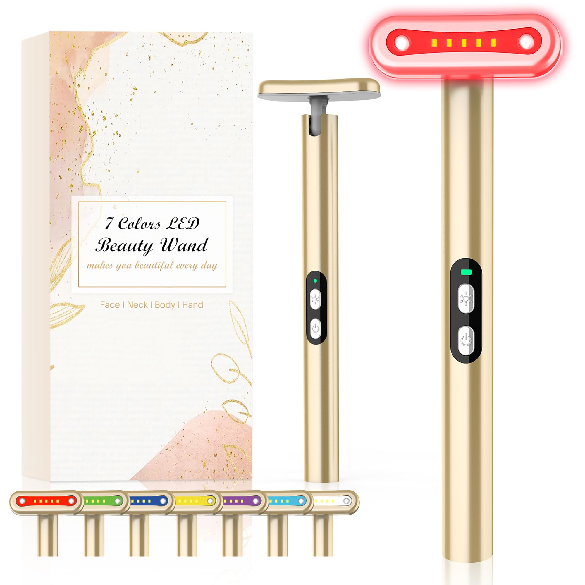 Red-Light-Therapy-Wand-for-Face 7 Colors LED Light Therapy Wand Eye Facial Red Blue Rejuvenation Tool Face Massager Golden