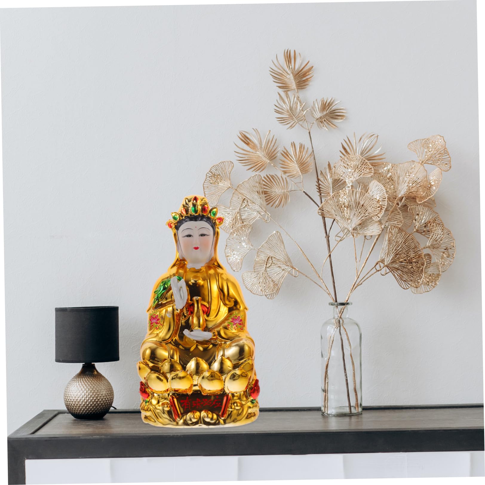 Didiseaon Estatua de Guanyin de Cerámica Dorada para Mesa, Estilo Chino