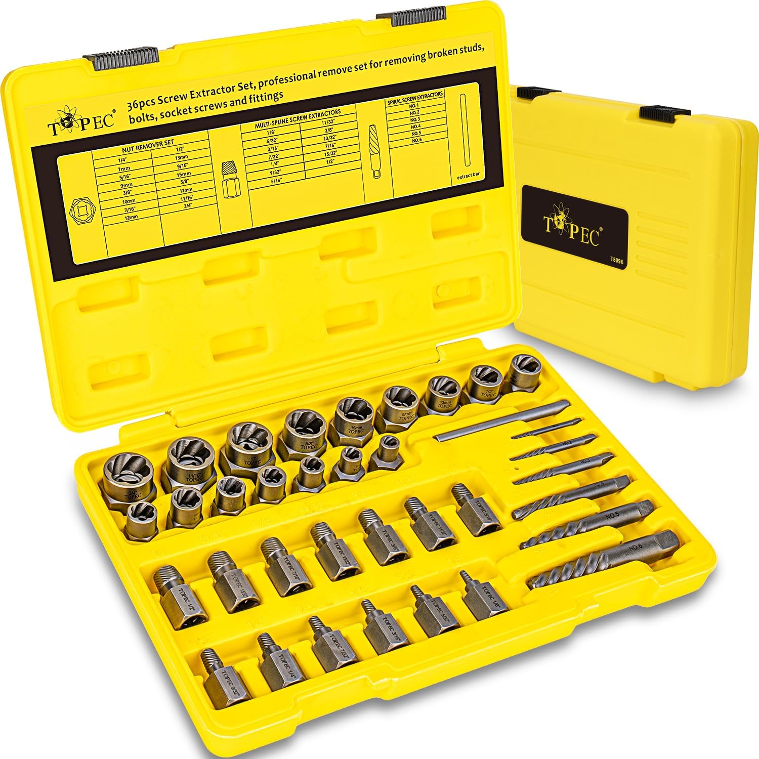 Topec 36Pcs Screw & Bolt Extractor Kit, 3-in-1 Easy Out Screw Extractor Set, 3/8" Drive Broken Bolt Extractor Socket Set