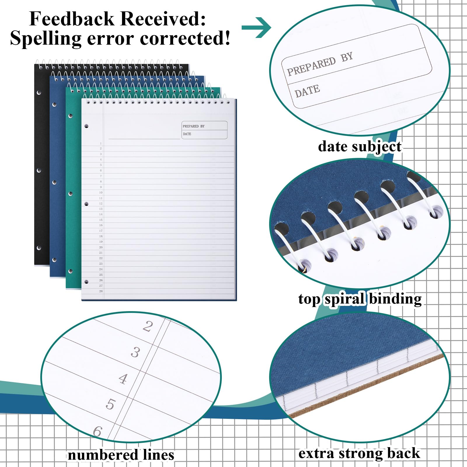 MotiMind 6 quaderni legali con rilegatura superiore a spirale, 21,5 x 29,9 cm, rilegatura a spirale, 100 pagine, carta a righe legali, per scuola, ufficio, casa, promemoria planner Steno, articoli di