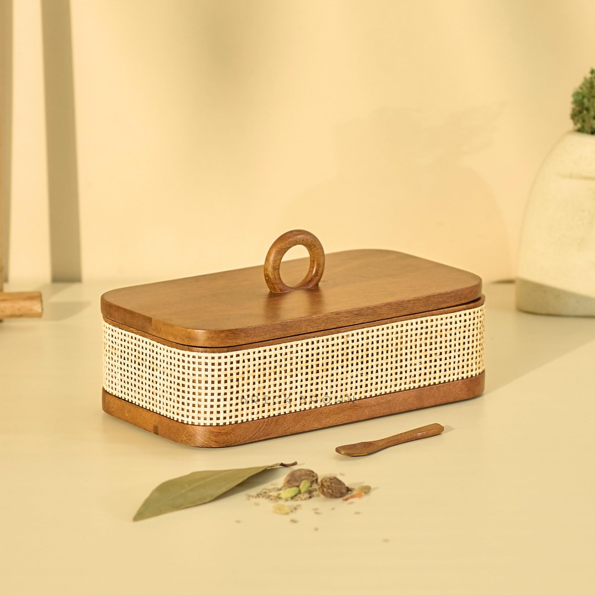 Brick Brown® Wooden Tresso Masala Box for Kitchen | Handcrafted Rattan Spice Box with 8 Steel Containers & Wooden Spoon | Masala Dani/Namak Dani | Masala Dabba Storage Box (10.6 x 5.9 x 5.5 Inch)-image-11