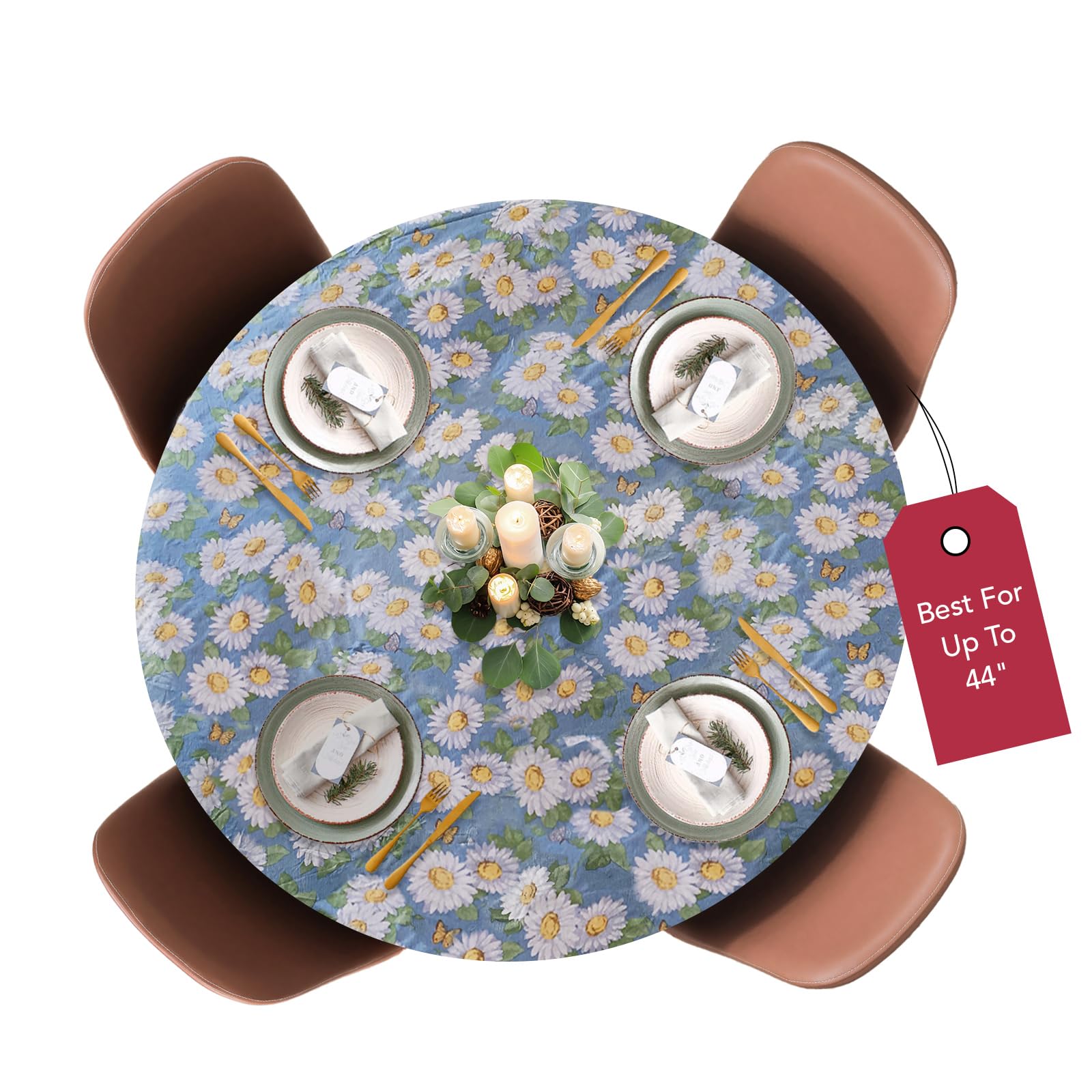 Covers For The Home Deluxe Elastic Edged Flannel Backed Vinyl Fitted Table Cover - Daisy Pattern - Small Round Oblong Oval - Fits Tables up to 40" - 44" Diameter
