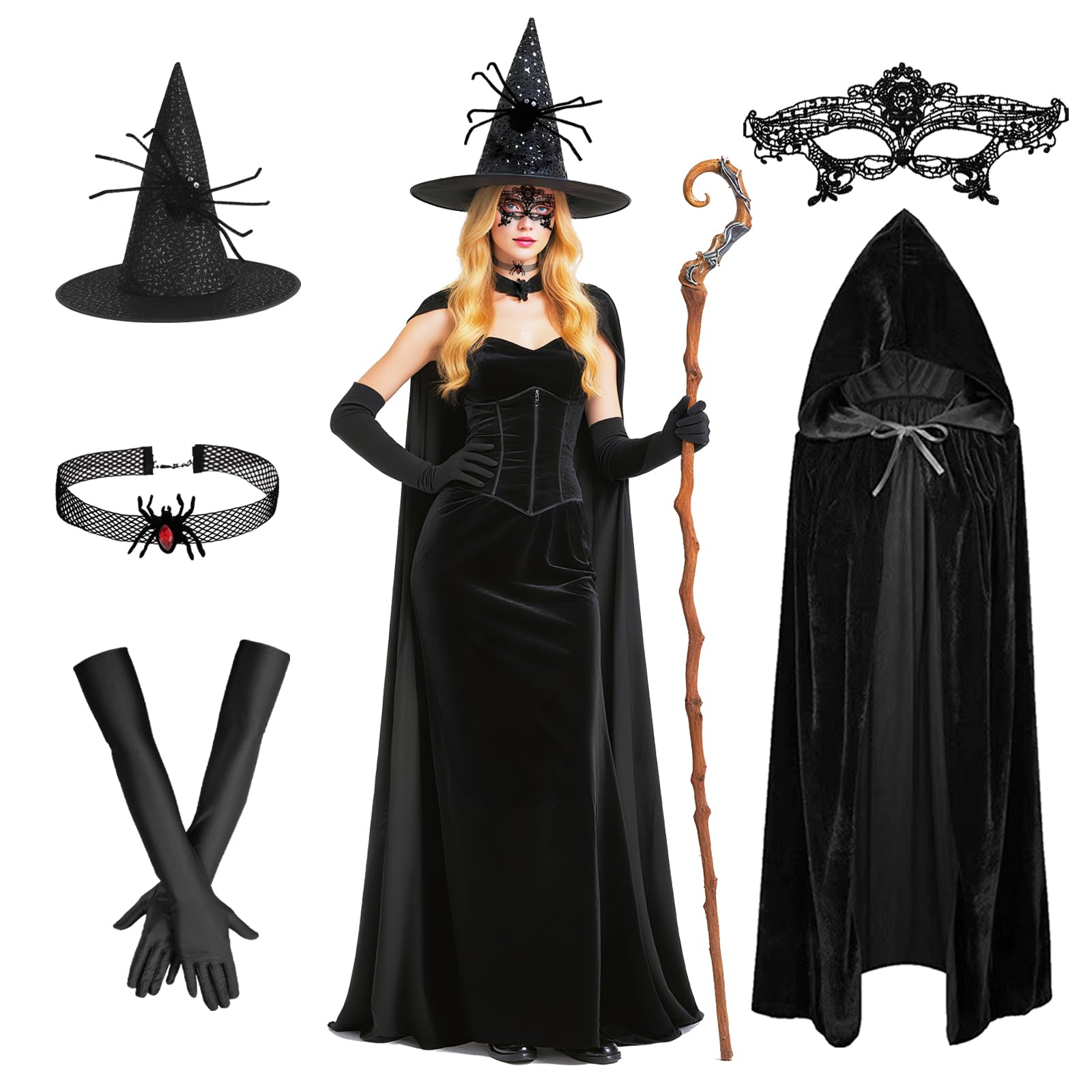 Eymobad Pack of 5 Witch Costume Women, Halloween Costume Women's Witch, Halloween Witch Outfit, Halloween Vampire Cape Witch Set, Carnival Witch Cape Fancy Dress Theme Party Costume Accessory for