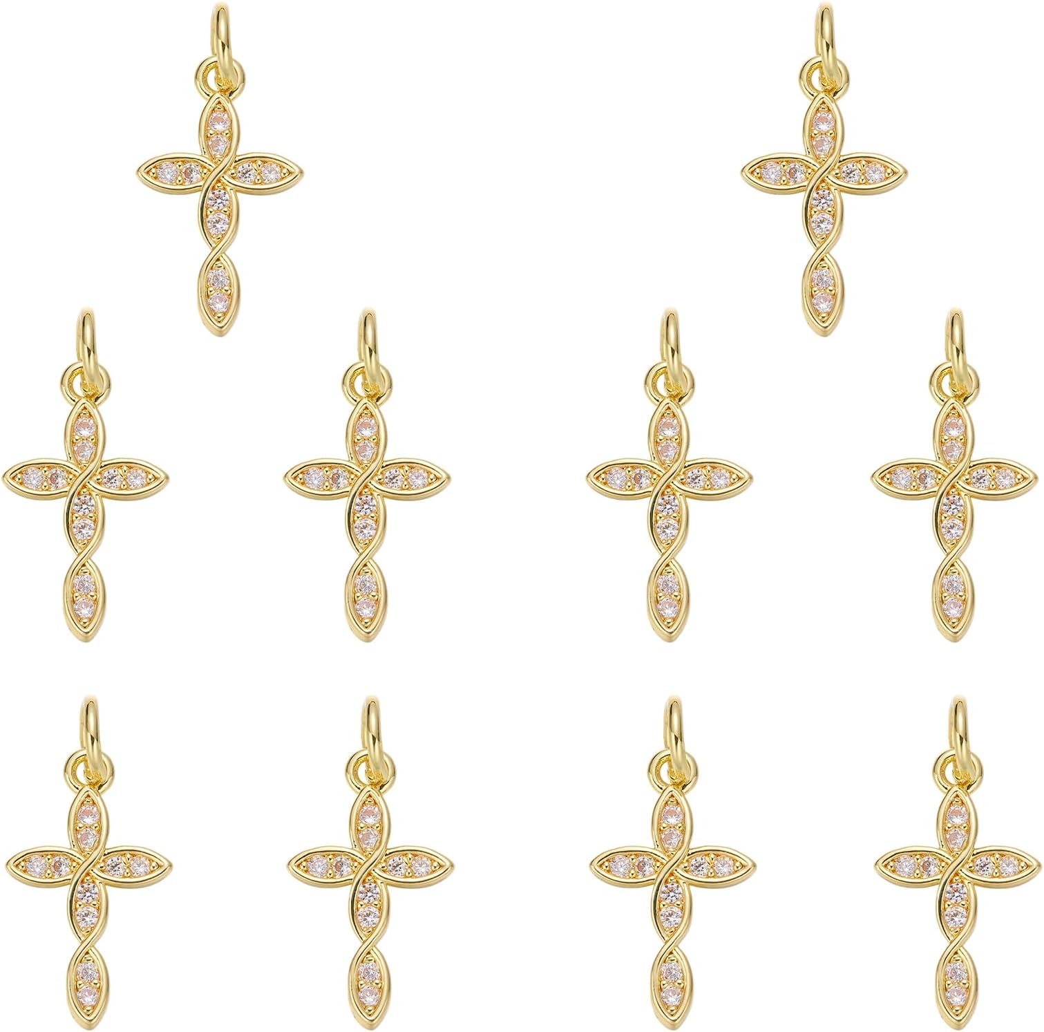 10Pcs Gold Cross Charms for Jewellery Making Brass Christian Jesus Cross Charms Cubic Zirconia Mini Charm for Bracelets Necklace Earring Keychains DIY Supplies