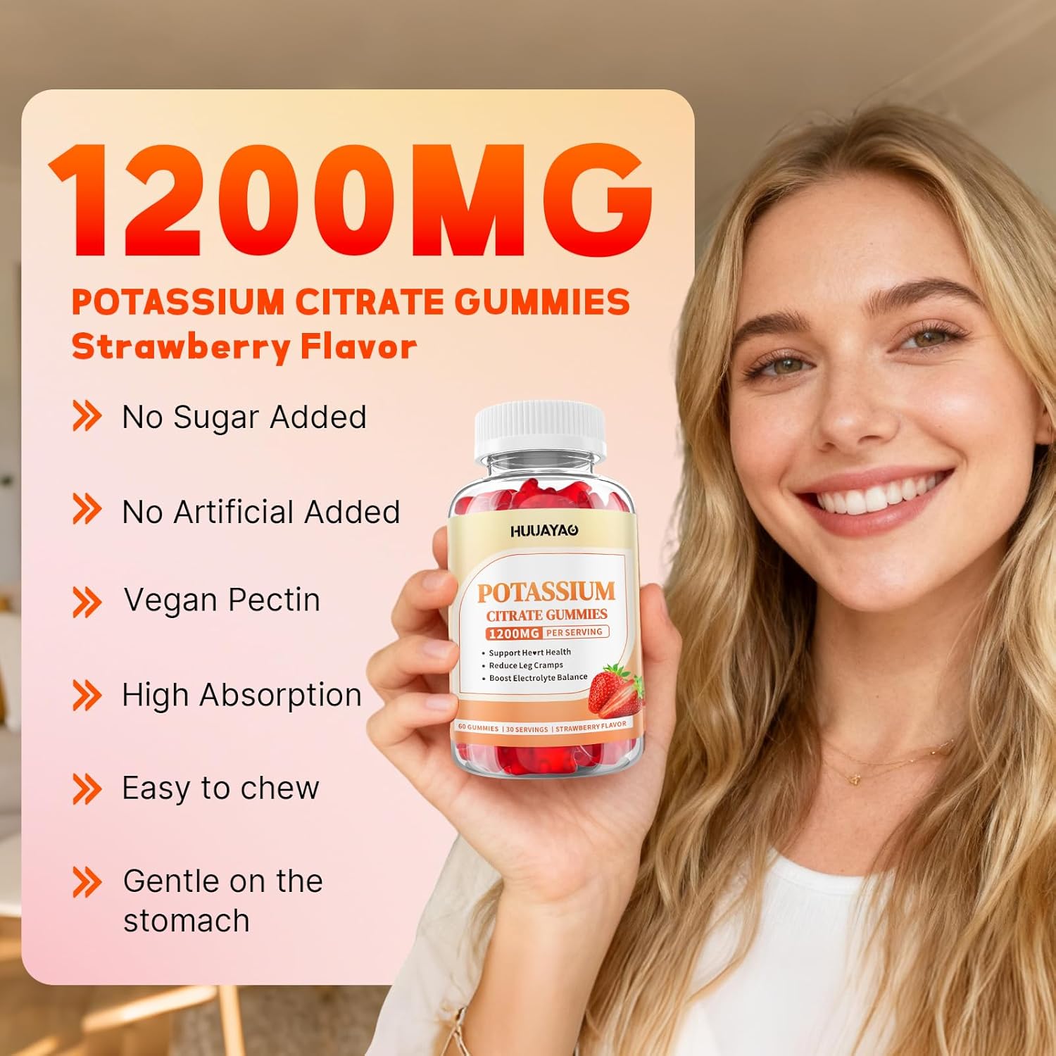 Potassium Citrate Gummies 1200mg for Adults Women & Men, Chewable Potassium Supplement for Reduce Leg Cramps & Muscle Health, Sugar Free, Strawberry Flavor, 60 Count - Image 4