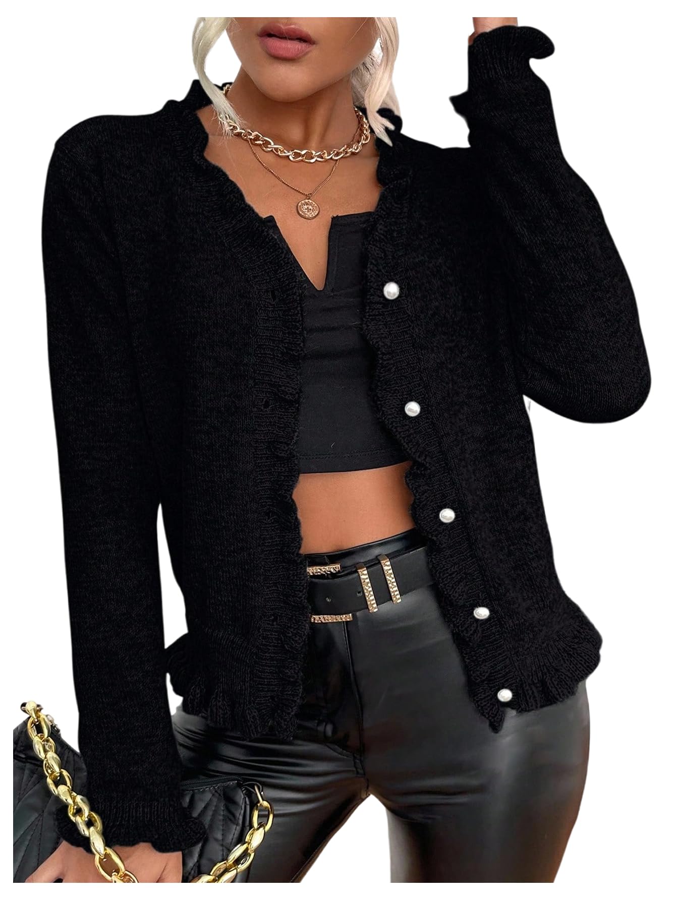 GORGLITTER Womens Dressy Cardigan Sweaters Cozy Lightweight Ruffle Button Up Long Sleeve Fall Trendy Cute Knit Tops 2025