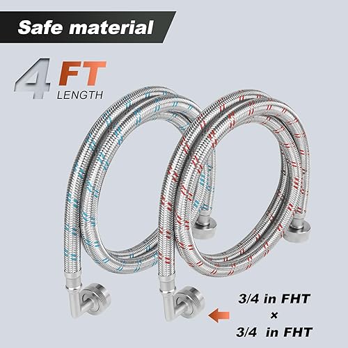 Miniatura 3 de Mangueras para lavadora, mangueras de lavado de codo de 90 grados de 4 pies, paquete de 2 líneas de suministro de agua trenzadas de acero inoxidable
