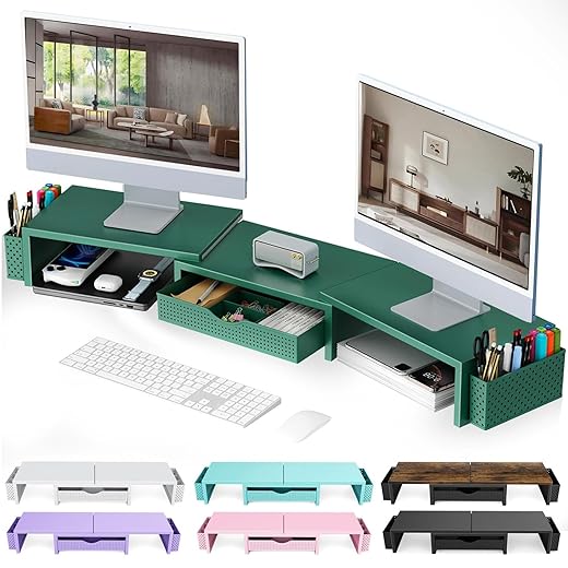 gianotter Dual Monitor Stand Riser, Desk Organizer With Drawer and 2 Pen Holders, Monitor Stand for Desk, Office Decor Essentials (Green)