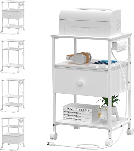 VEDECASA Soporte de impresora de 3 niveles con estación de carga, puerto USB, mesa de impresora con cajones de tela de almacenamiento, estante