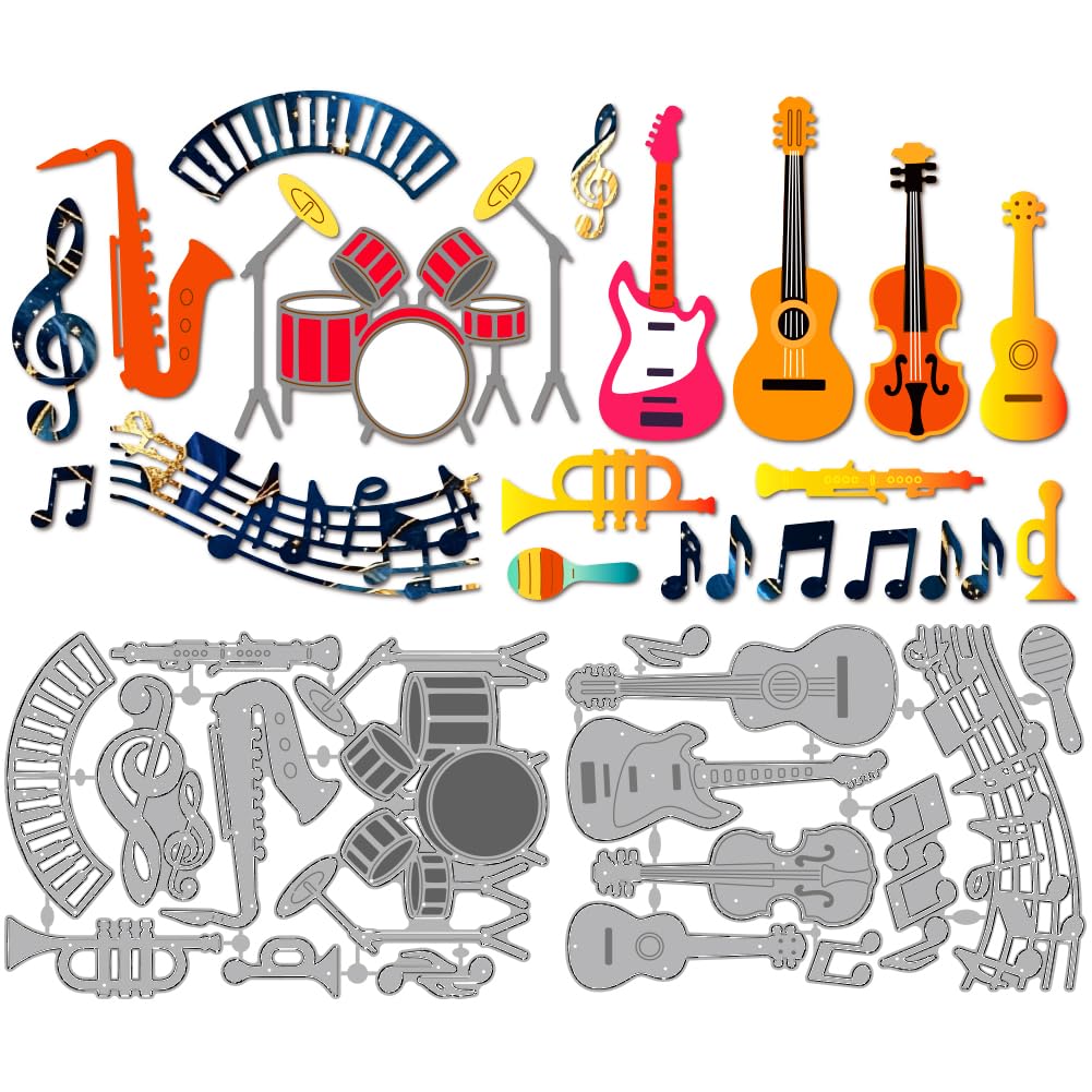 MAYJOYDIY Guitar Piano Metal Die Cuts Drum Violin Notes Die Stencil Musical Instruments Embossing Scrapbooking Cuts Template for DIY Scrapbooking Craft Card Making Album Gift Deco