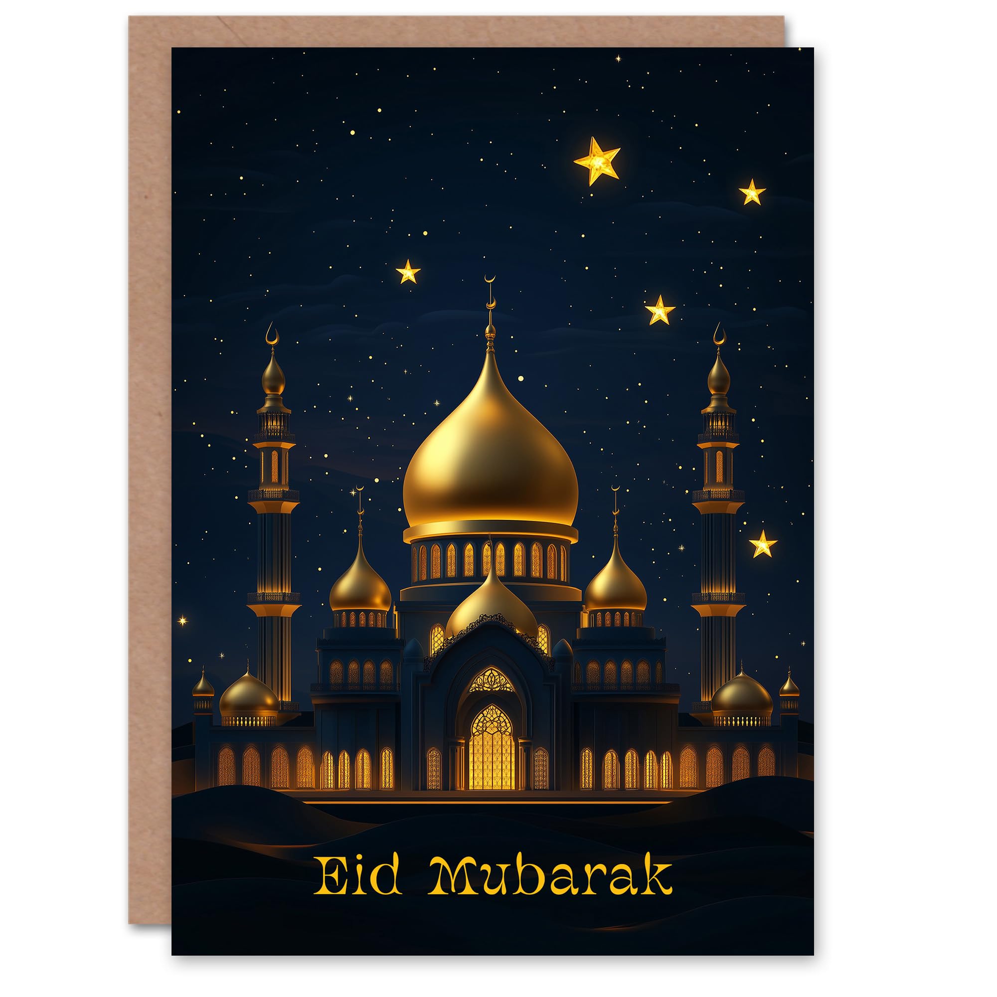 Artery8 Eid Mubarak Greeting Card Gold Mosque Under Night Sky Stars Blank For Him Or Her Art Eid al-Fitr Card