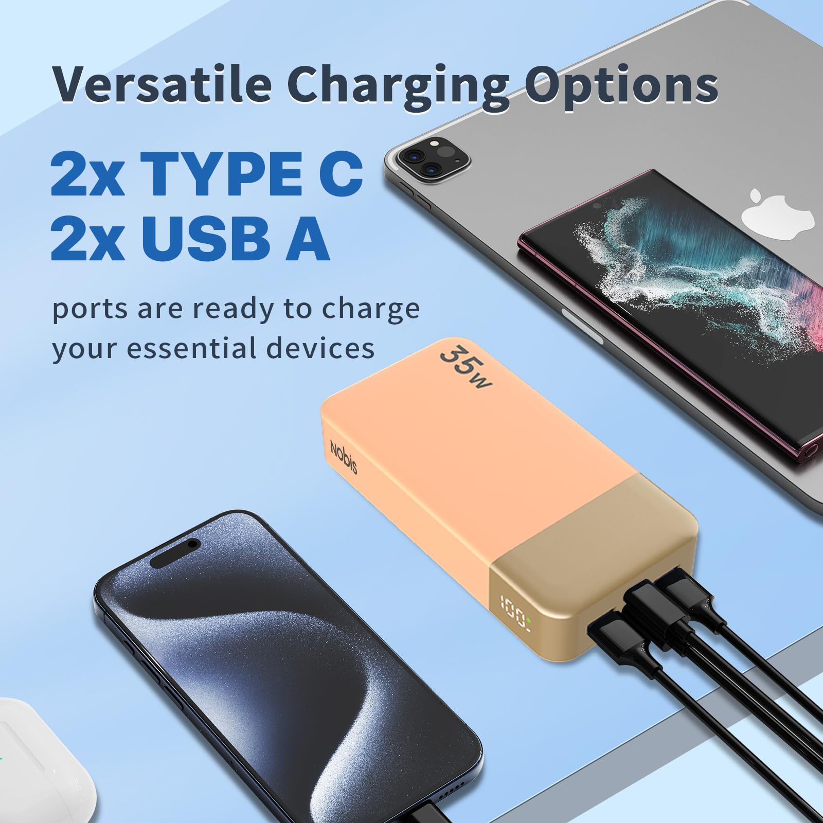 Nobis Power Bank 20000mAh 35W - Batterie Externe Charge Rapide USB C, 4 Ports, Écran LED, Compatible Laptop Et IPhone 16