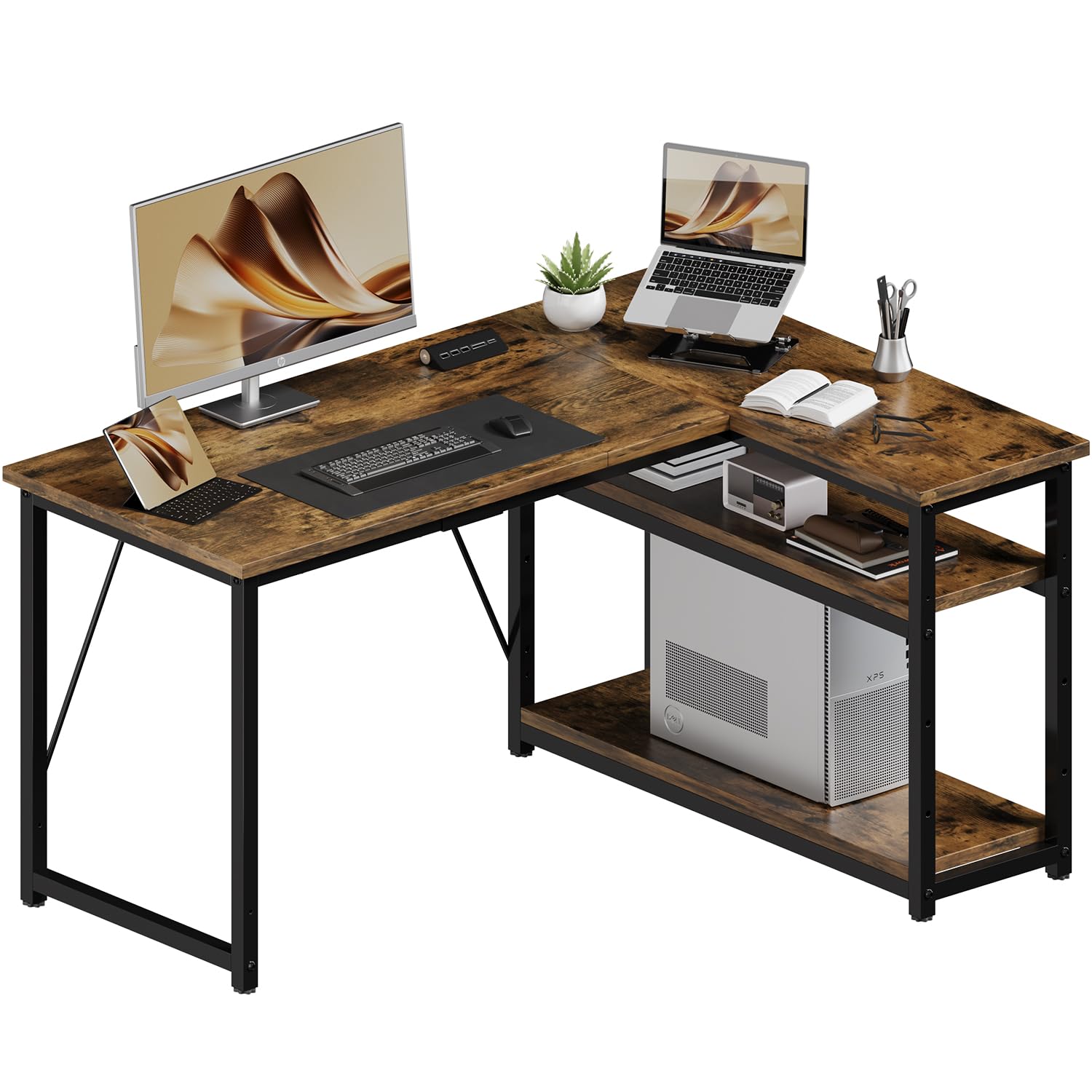 JUMMICO Small 120x80cm L-Shaped Corner Desk with Storage,Compact Corner Computer Desk for Home Office, Brown