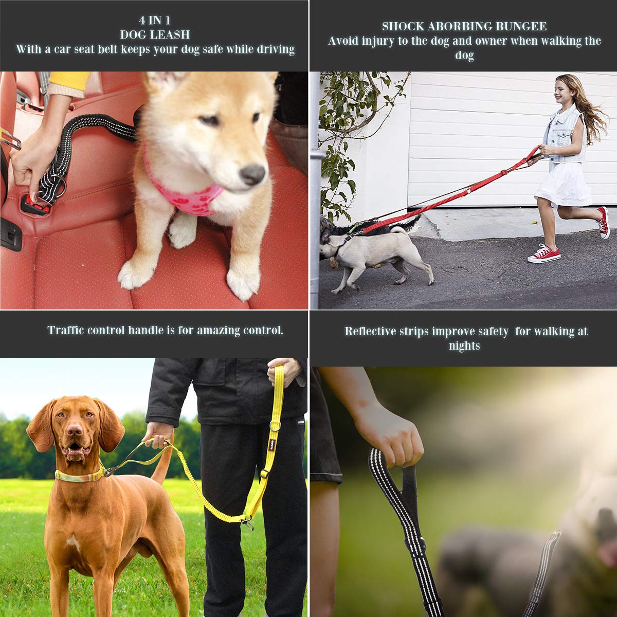 3-in-1 Hundeleine – Stoßdämpfend, Verhedderungsfrei, Für Bis Zu 3 Hunde, Mit Bungee & Reflektierend