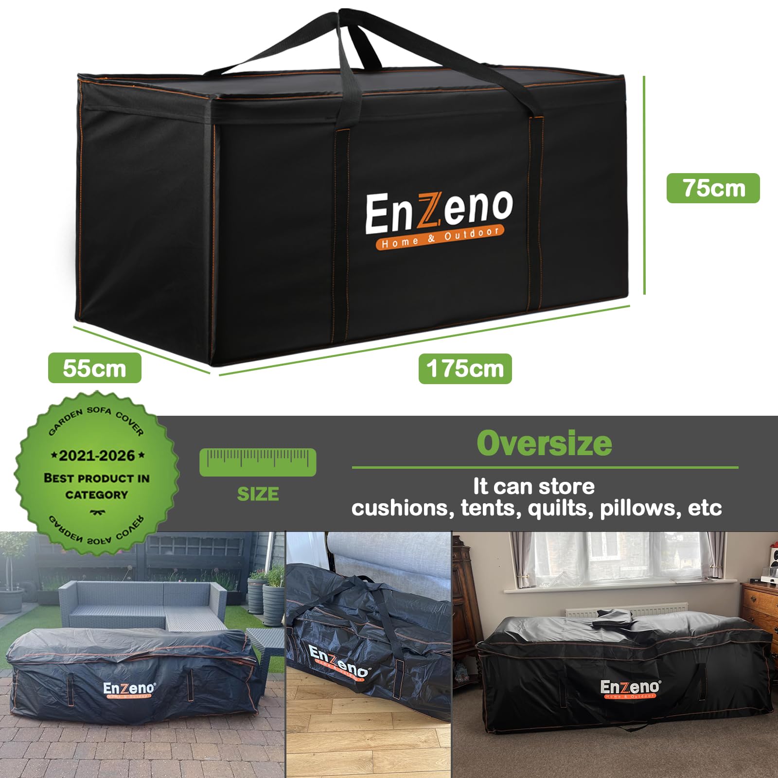 Enzeno Sac de rangement pour coussins de jardin, tissu Oxford 420D, imperméable, anti-UV, très résistant pour sapin de Noël, avec poignée de transport et fermeture éclair (175 x 75 x 55 cm)