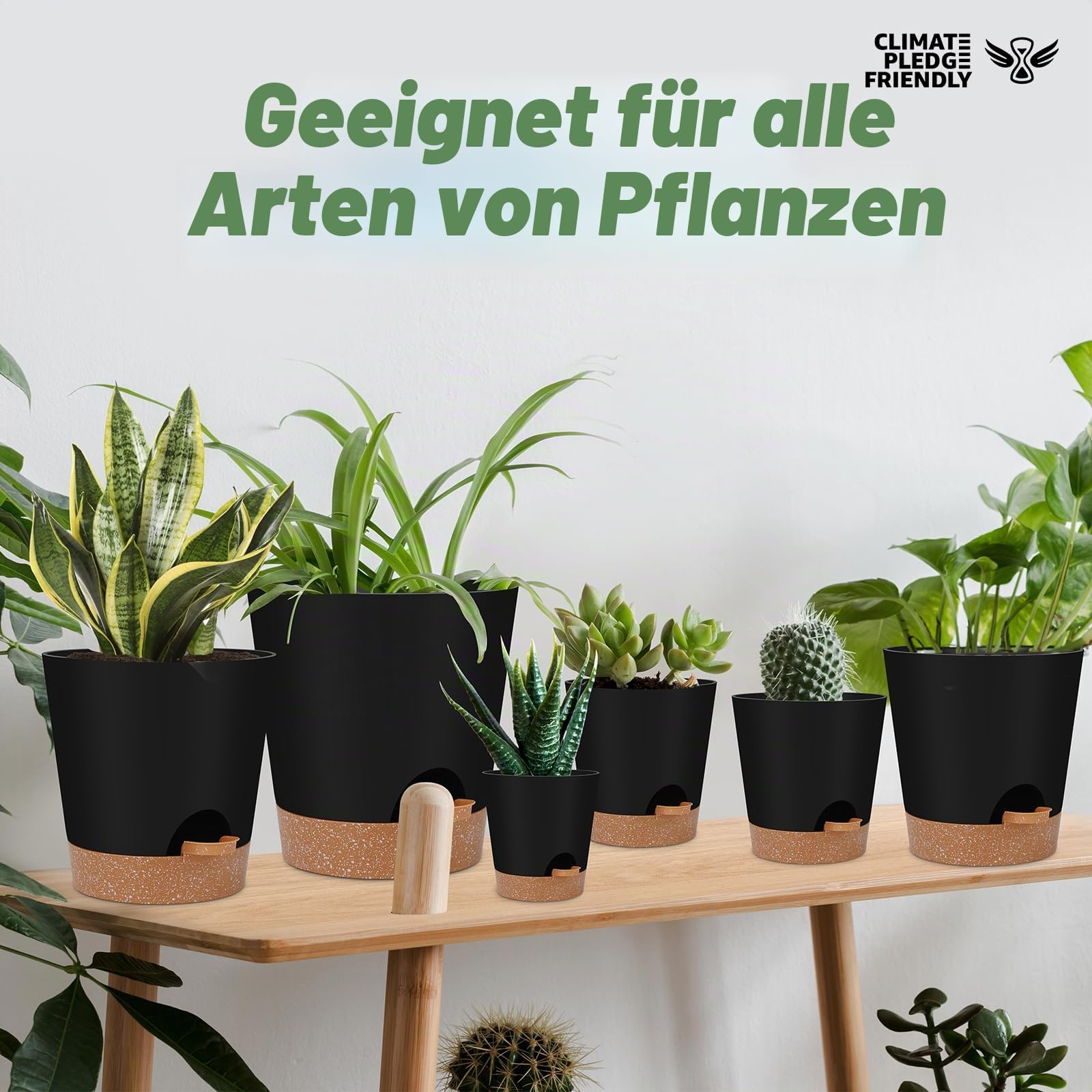 YNNICO Selbstbewässernde Pflanzgefäße für den Innenbereich mit Ablauflöchern und Untersetzern, 20,3 cm, 17,8 cm, 16,5 cm, 14,9 cm, 14,9 cm, Schwarz, 6 Töpfe