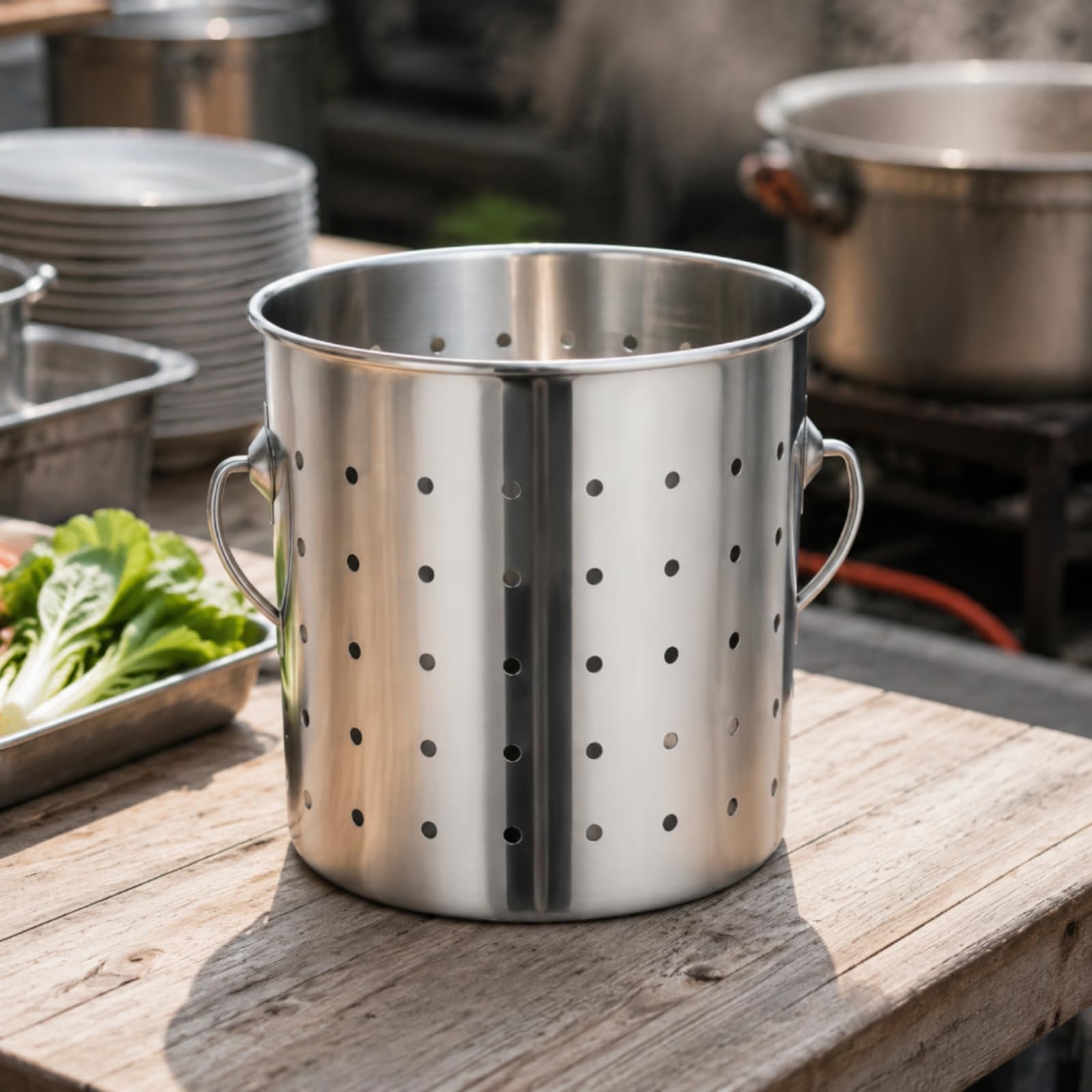 Cubo Colador Acero Inoxidable con BOR Redonado y Agujeros Uniformes para Escurrir y Alimentos sobre Estufas, 25CM