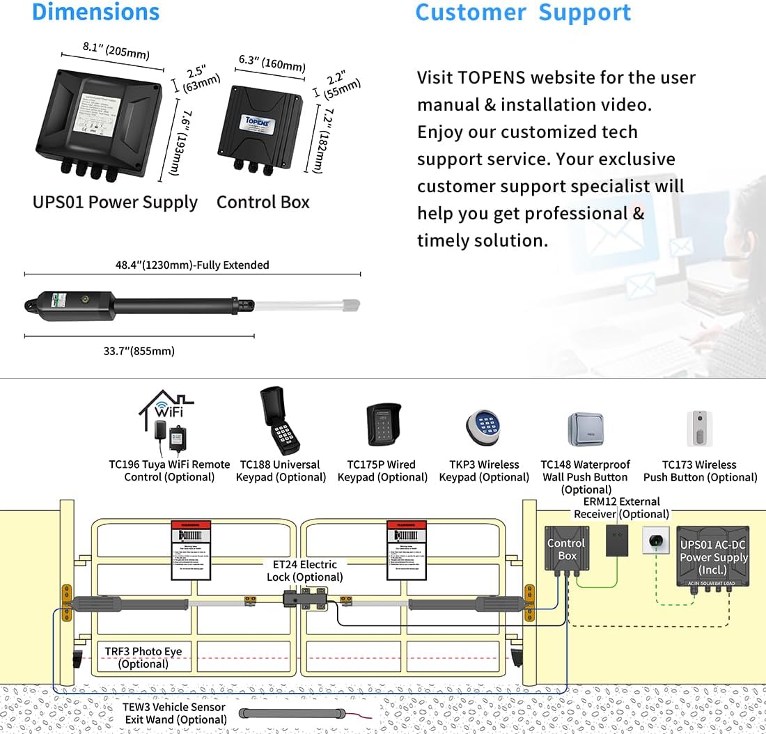 TOPENS A5132 Dual Swing Gate Opener Medium Duty Automatic Gate Motor for Double Swing Gates Up to 16ft per Arm, Electric Driveway Gate Operator AC Powered with Remote Control Kit Solar Compatible