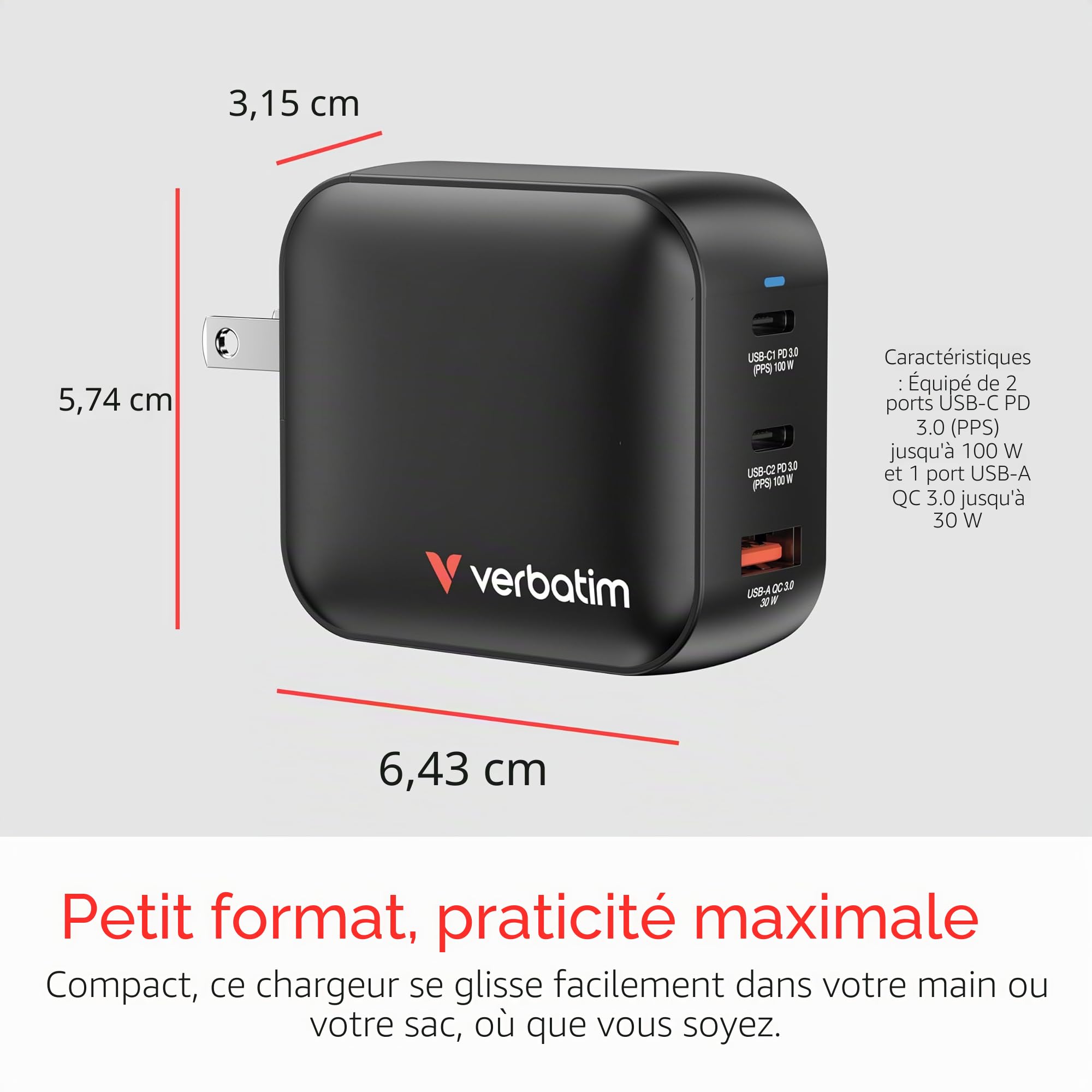 Verbatim Mini GaN Chargeur de 100W, Chargeur USB-C à 3 Ports, Adaptateur Secteur avec 2 x USB-C et 1 x USB-A, Chargeur Rapide Universel (UE, UK, US), pour Ordinateur Portable, Tablette, Smartphone