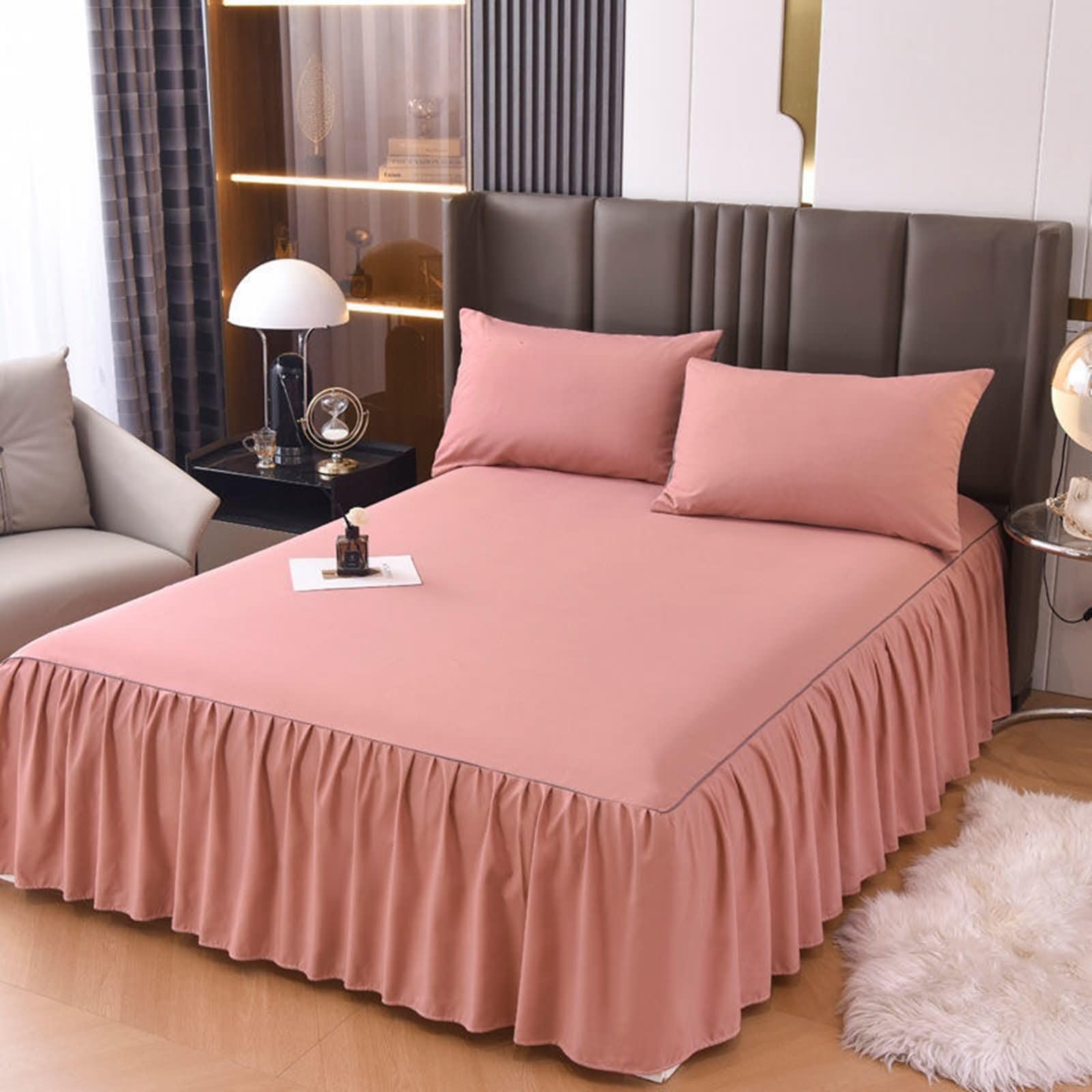 Completo Lenzuola Matrimoniali Fibra di bambù, Lenzuolo Matrimoniale con Gonna da Letto 180x220 cm Tinta Unita Lenzuola e 2 Federe Traspirante, Morbido, Arancione Rosa