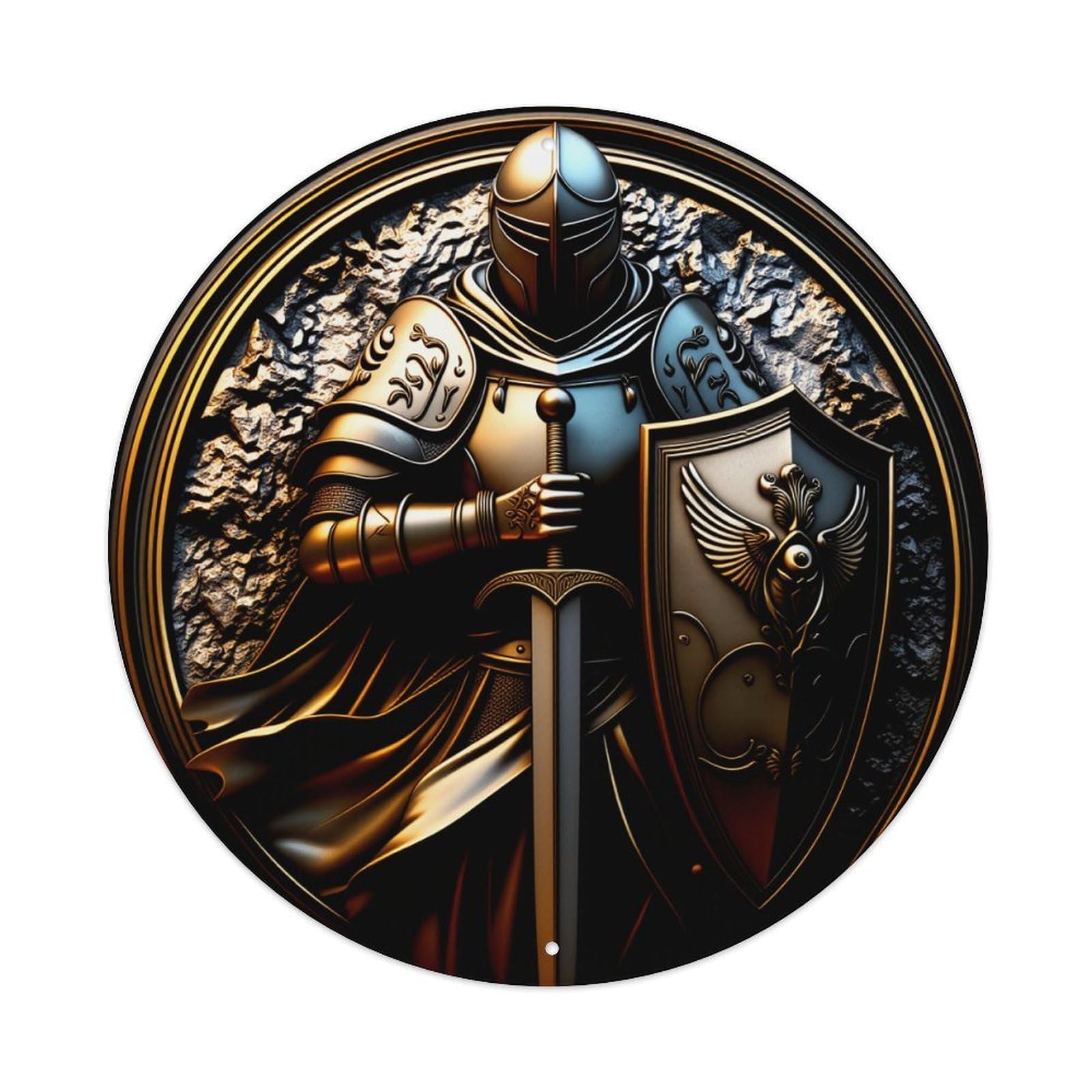 Wmlzdnwr Vintage Knight In Armor Holding Sword And Shield Round Tin Sign,Retro Wall Art,Metal Poster For Home, Bar, Garage, Cafe, Rustic Indoor & Outdoor Decor, 8X8 Inches