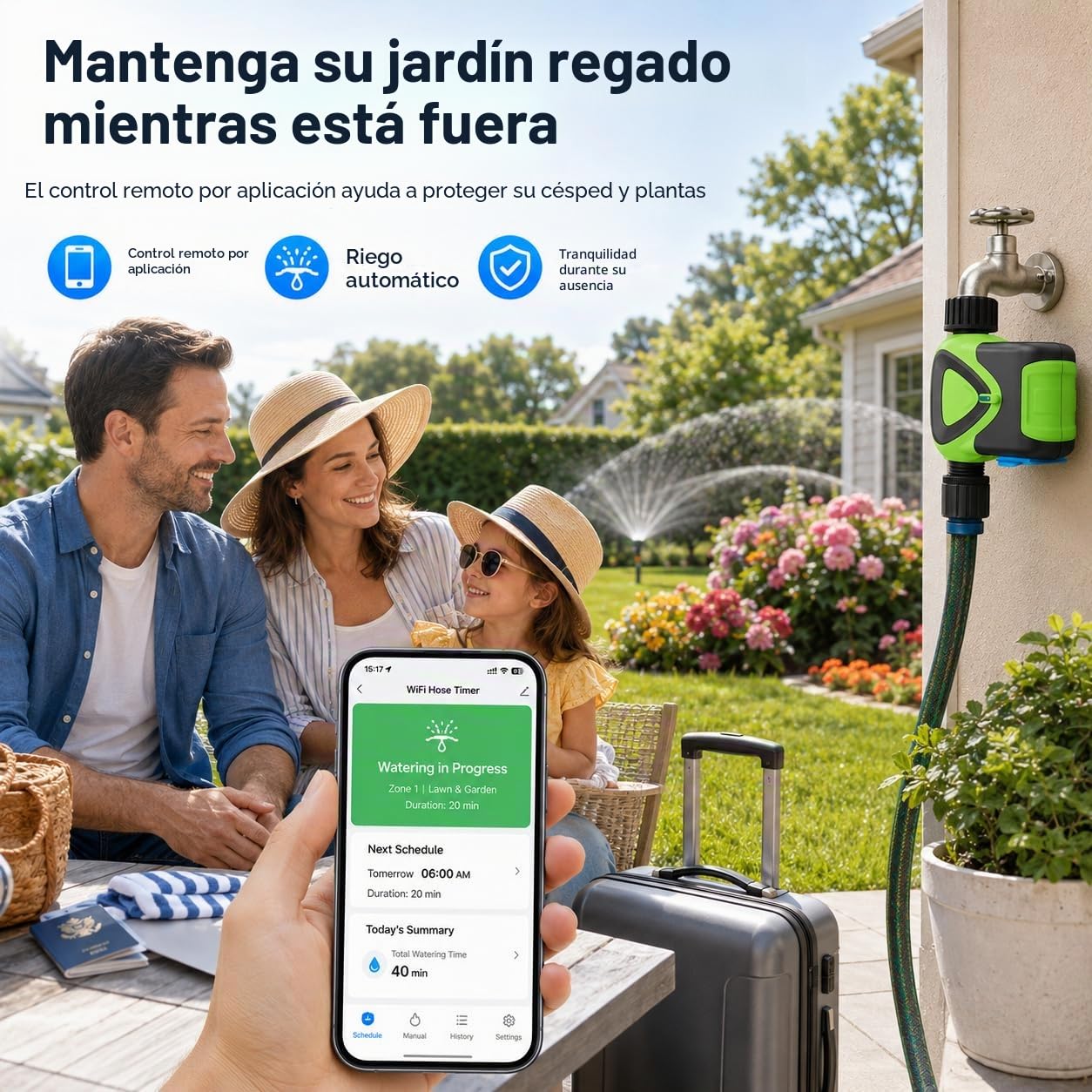 Temporizador de Riego WiFi sin Hub, Programador de Riego Inteligente con Control por App 2,4 GHz, Riego Automático, Cuenta Atrás, Programación, IP65 para Jardín Césped Invernadero