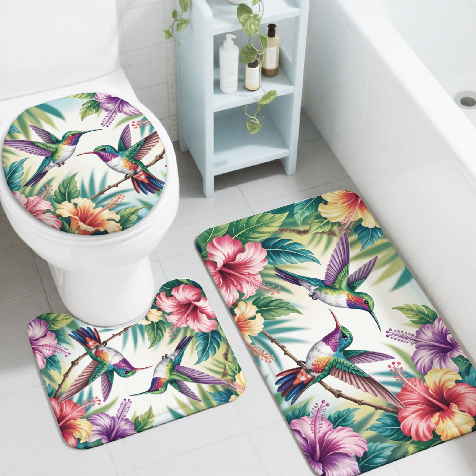 peacoblue Ensemble de Tapis de Bain 3 Pièces Style Colibri avec Fleurs, Tapis de Salle de Bain Antidérapant et Lavable, Tapis de Sol avec Housse de Couvercle de WC pour Toilettes