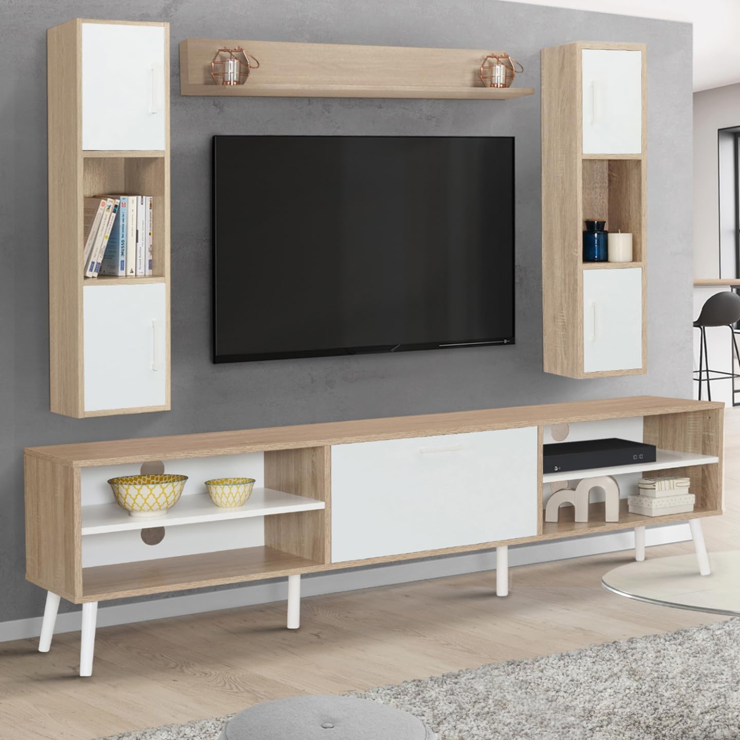 IDMarket - Conjunto de mueble de TV de 180 cm y estantes Houston de madera y blanco