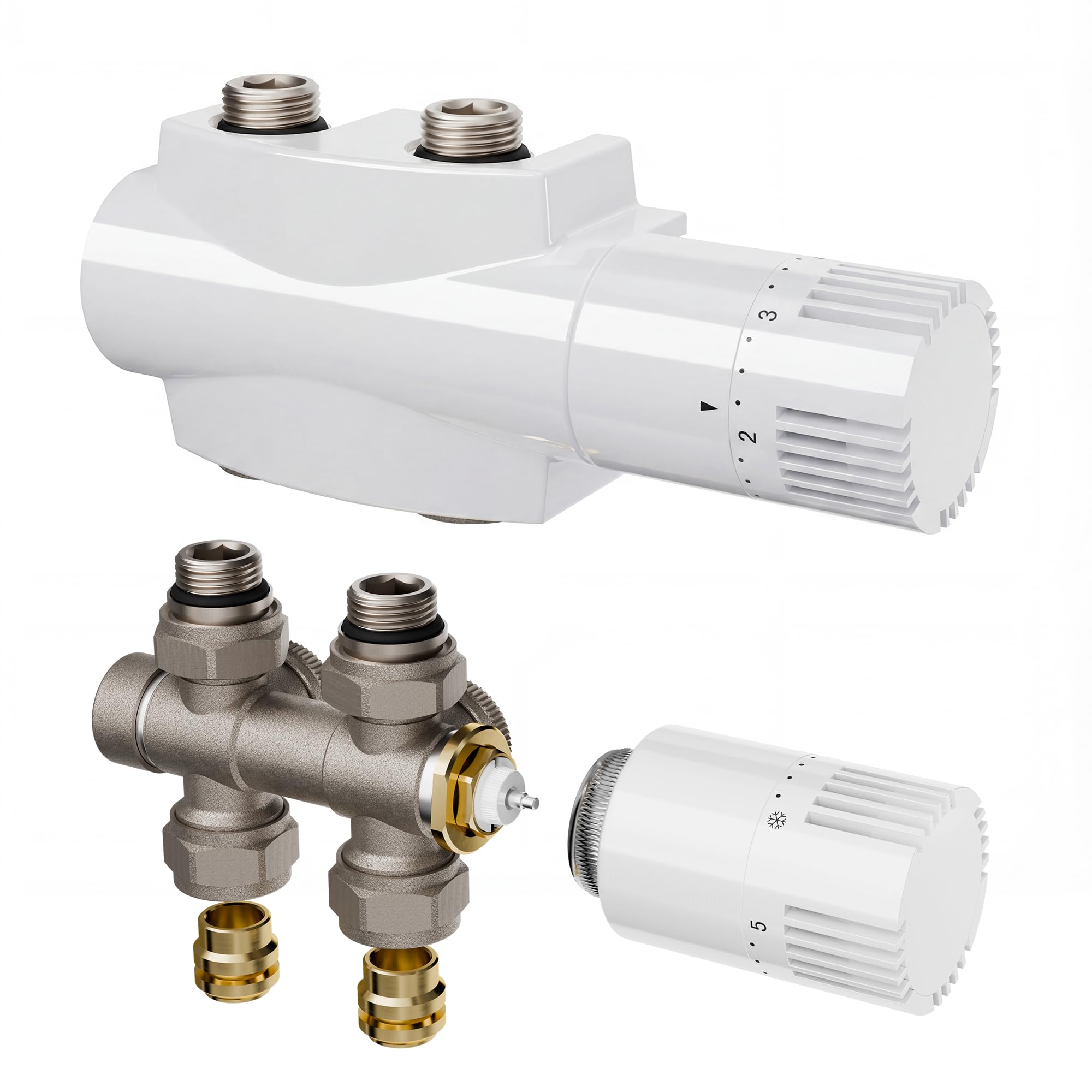 Multiblock Set für Heizkörper Anschlussarmatur mit Thermostat – Thermostatventil Hahnblock mit Frostschutz – für Eck/Durchgangsform – 50mm Mittelanschluss G1/2" – inkl. PEX Ø16 & Kupfer Ø15
