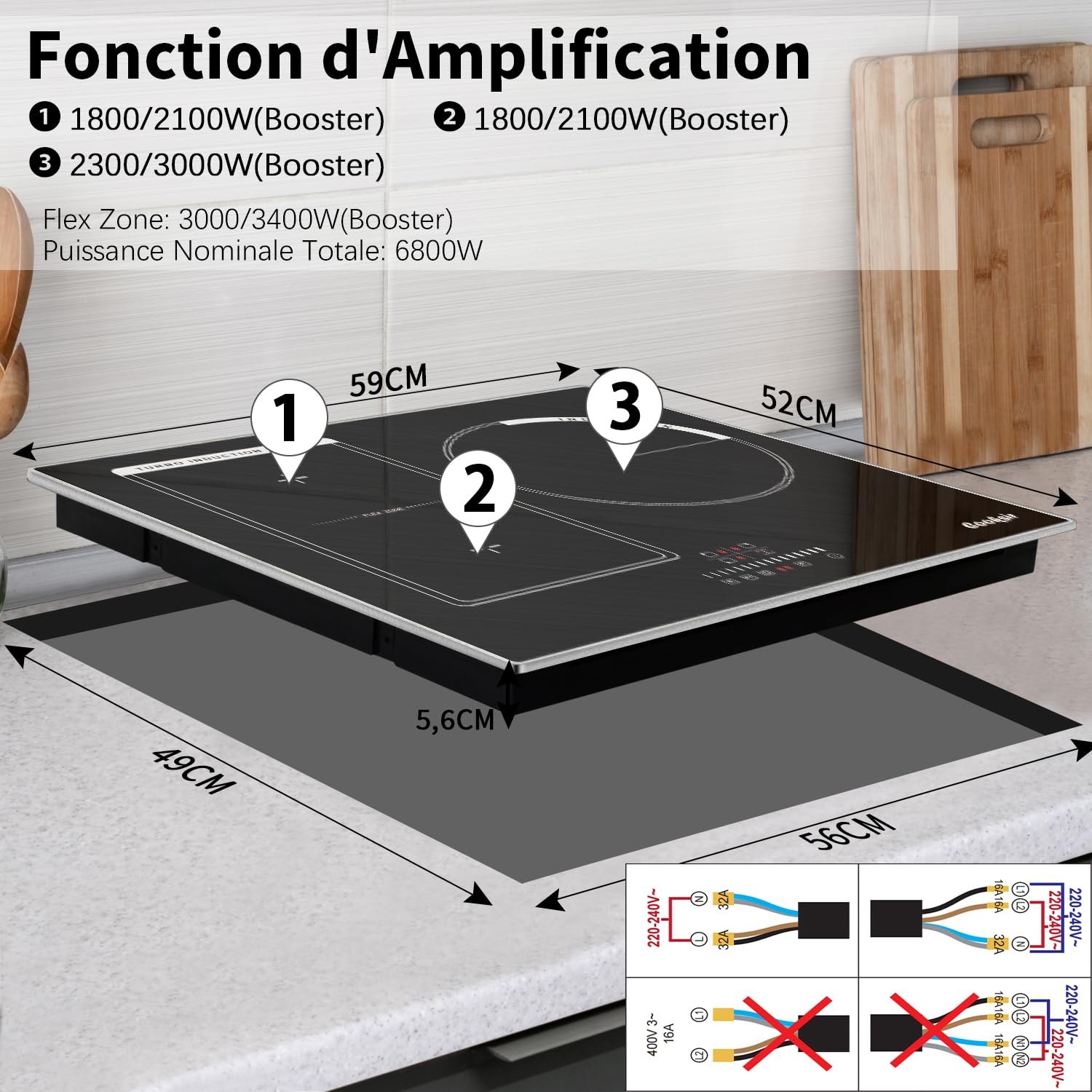 Plaque Induction 3 Feux avec Cadre, Table de Cuisson Induction 60cm Encastrable, 6800W, Commande Tactile à Curseur, Bord Inox, Zone Flexibles pour le Grille, Sans Fiche, 240V