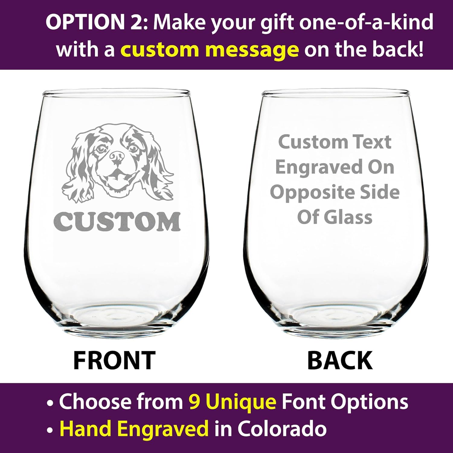 Custom Cavalier King Charles Spaniel Stemless Wine Glass - Cute Dog Themed Decor and Gifts for Moms & Dads of Cavaliers - Large 17 Oz - Customized Glasses