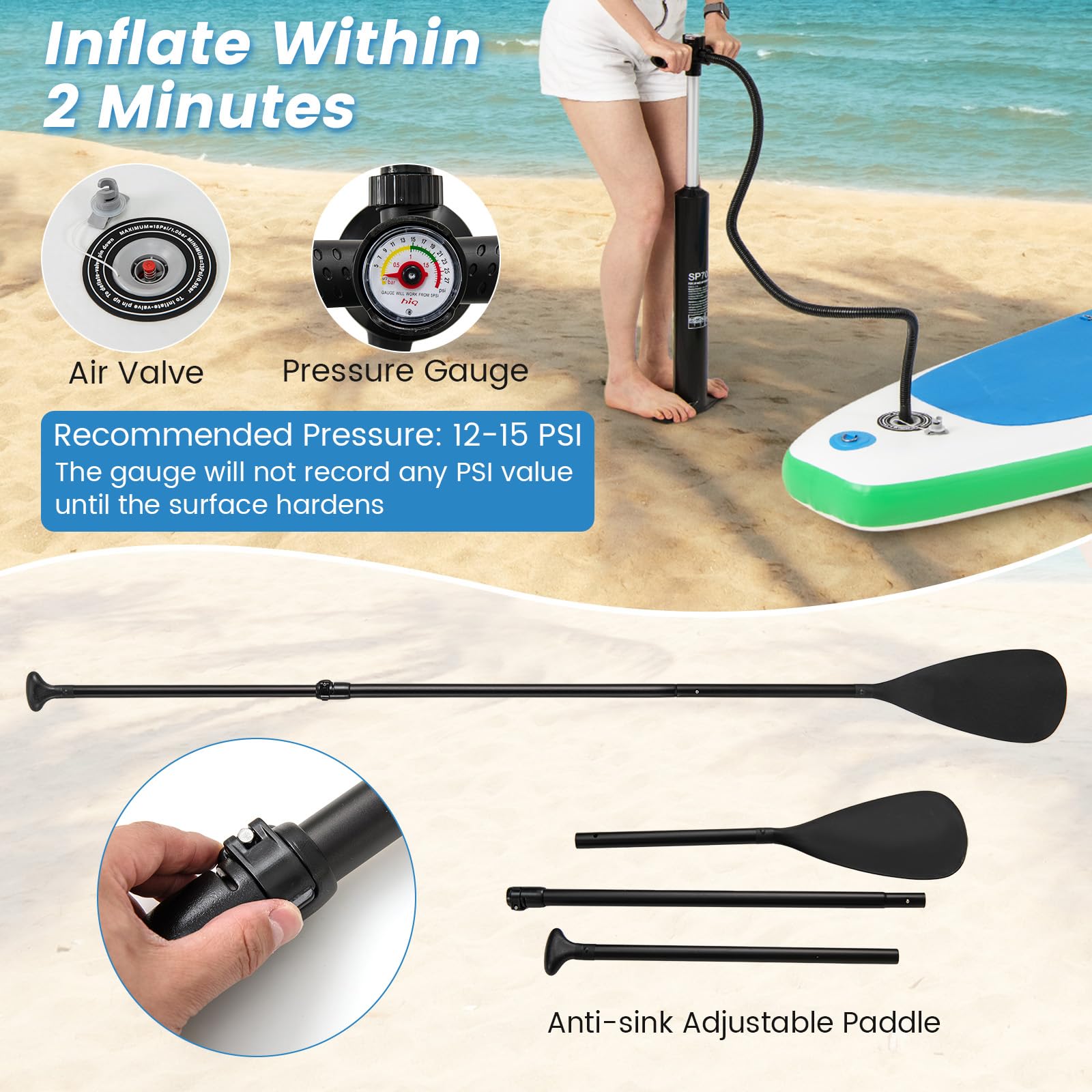 KOTEK 10FT/11FT Inflatable Paddle Board, SUP Paddleboard with Hand Pump, Safety Leash, Repair Kit, Carry Bag, Non-Slip EVA Deck, Stand Up Paddle Board for Youth & Adults (Sky Blue, 11 FT)