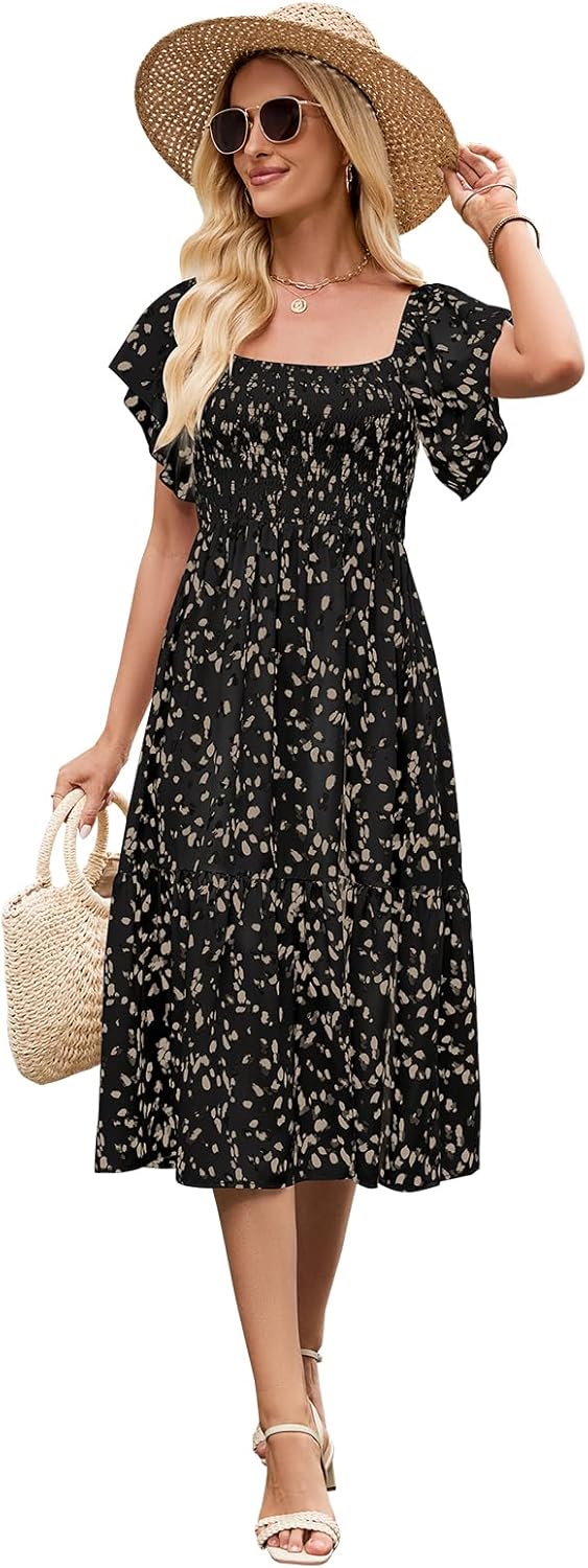 Summer Casual Floral Dresses for Women Beach Vacation Midi Sundresses Short Sleeve Square Neck Boho Flowy Smocked Dress - Image 4