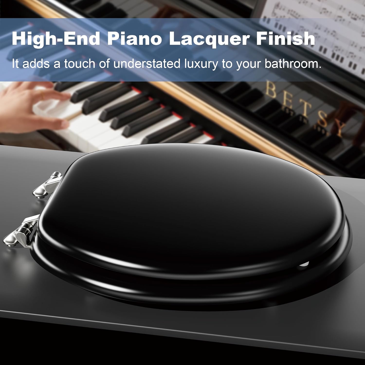 Round black Wood Toilet Seat, Baked Enamel Process black Toilet Seats, Heavy Duty Toilet Seat Round, Wood Toilet Lid with Zinc Alloy Hinge, Easy Clean, Quick-Assembled