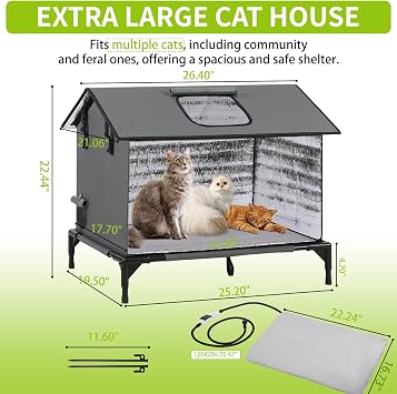 Extra Large Outdoor Cat House, Weatherproof Insulated Indoor Outside Multi-Cat House with Escape Door & Elevated Base, Waterproof Shelter for Feral Stray Barn Cats