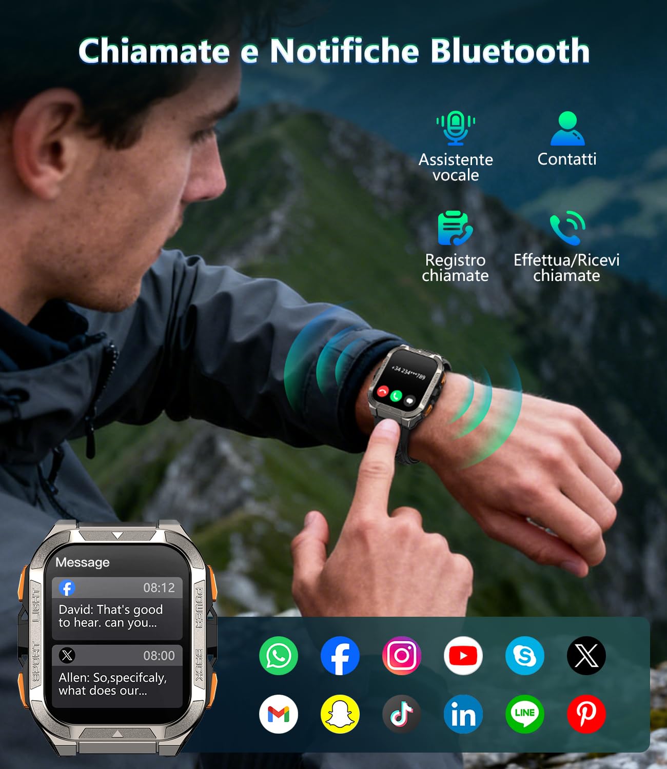 IOWODO Smartwatch Uomo con Batteria 900mAh, GPS e Torcia SOS Bussola, | 1,91" Militare Orologio Intelligente con Assistente AI, IP68 Impermeabile, Chiamate Bluetooth, Android iOS
