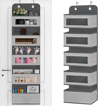 Over The Door Hanging Organizer Storage with 5 Large Pockets,Wall Mount Clear Windows and 2 Widened Metal Hooks for Pantry,Nursery,Diapers,Bathroom,Kitchen,Closet,Dorm
