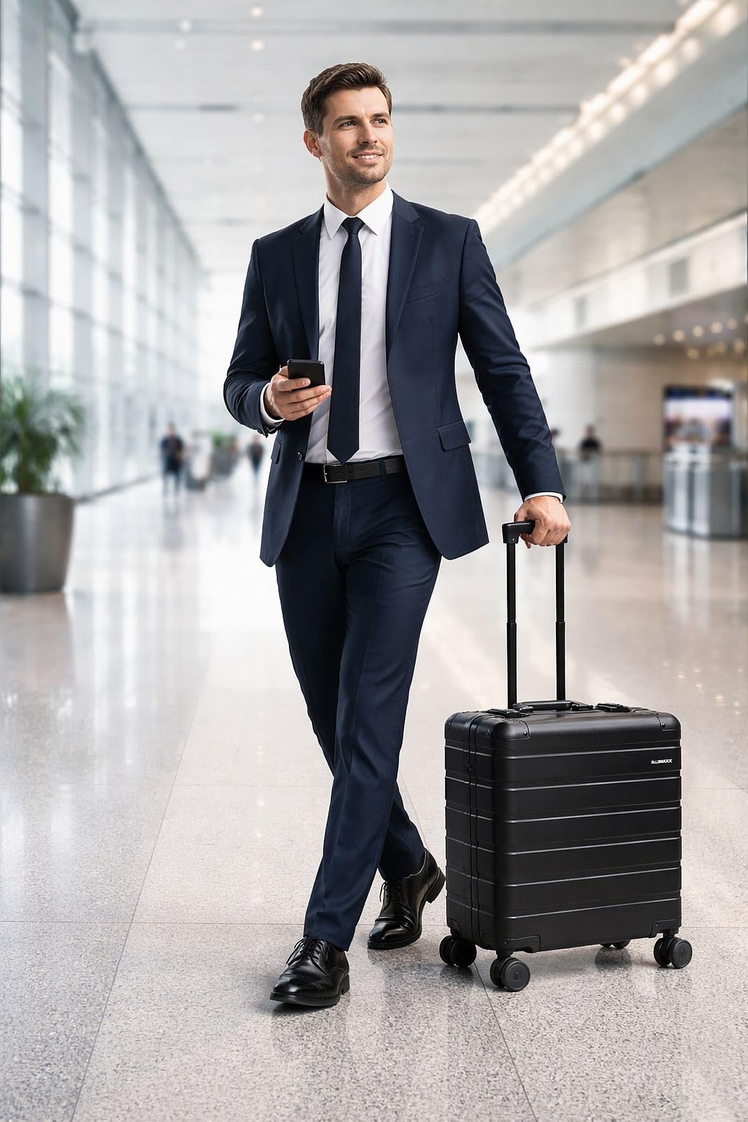 ALUMAXX 45293 Businesstrolley Gravity, Reisekoffer mit Overnight Fach, Fächermappe, TSA Schloss, Aluminium Trolley mit 4 Rollen, Koffer 44 x 42 x 22,5 cm, schwarz + ALASSIO Aluminium Kofferanhänger